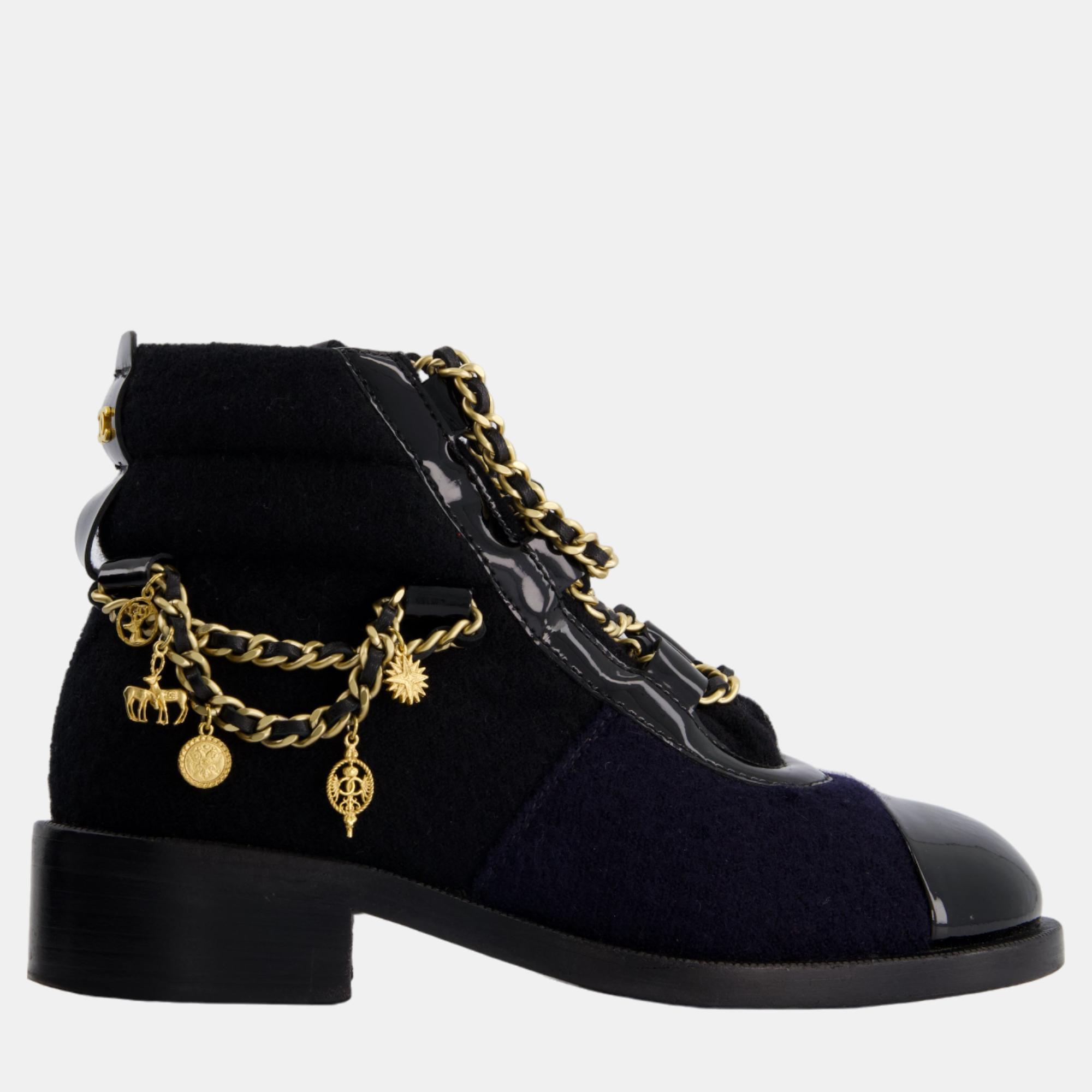 Chanel navy, black wool and patent ankle boot with brushed gold charm chain detail size eu 35