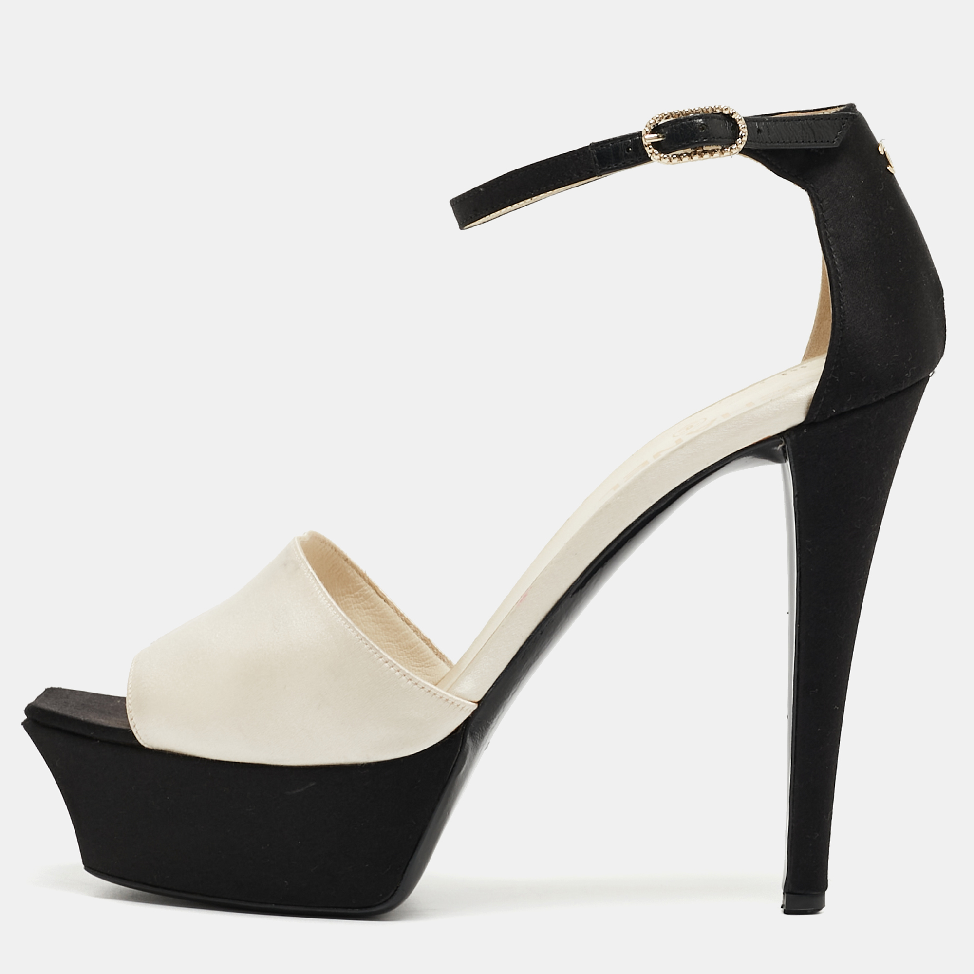 Chanel white/black satin peep toe  sandals size 39.5