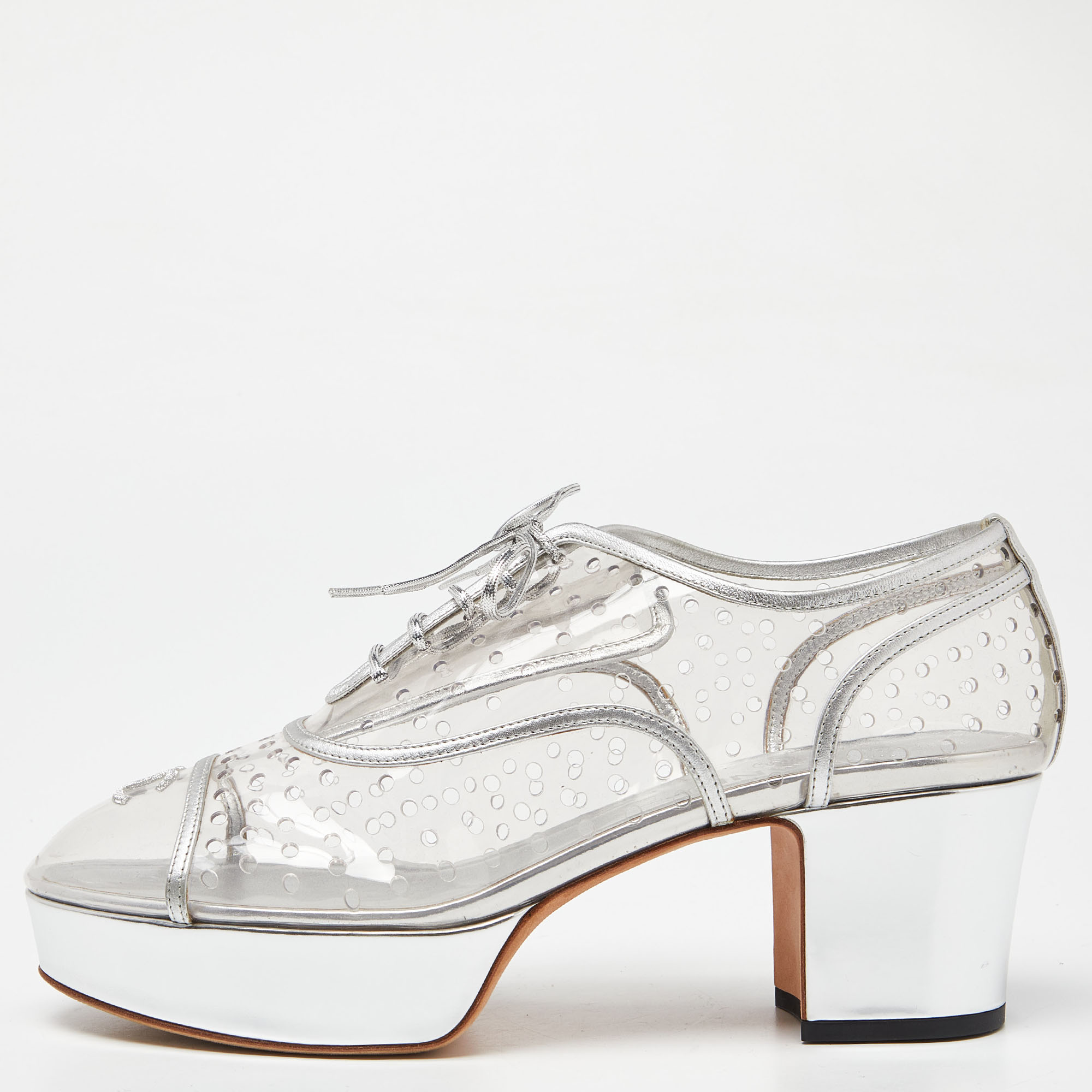 Chanel transparent/silver pvc and leather cc block heel lace up platform pumps size 41