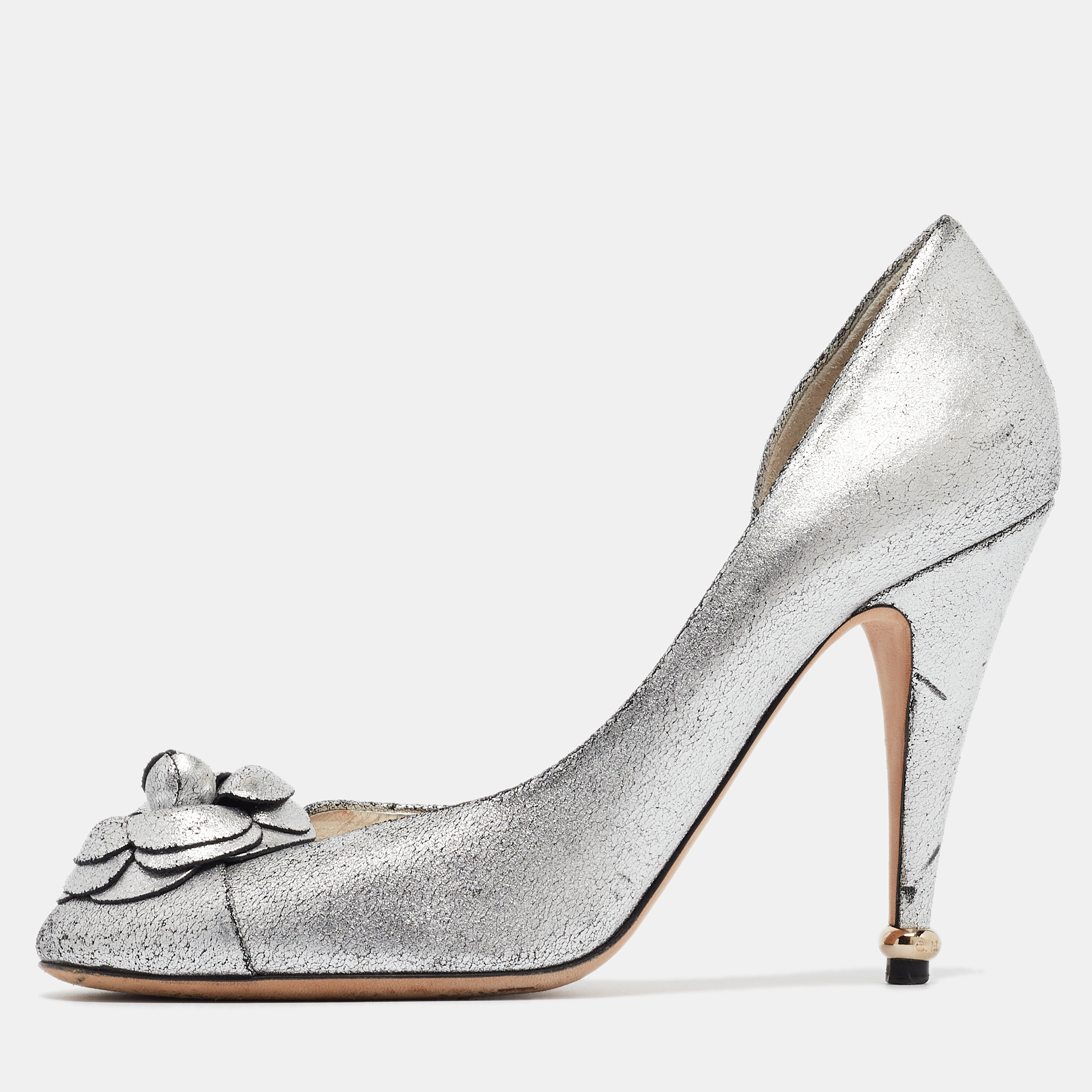 Chanel metallic silver leather camellia d'orsay pumps size 39.5