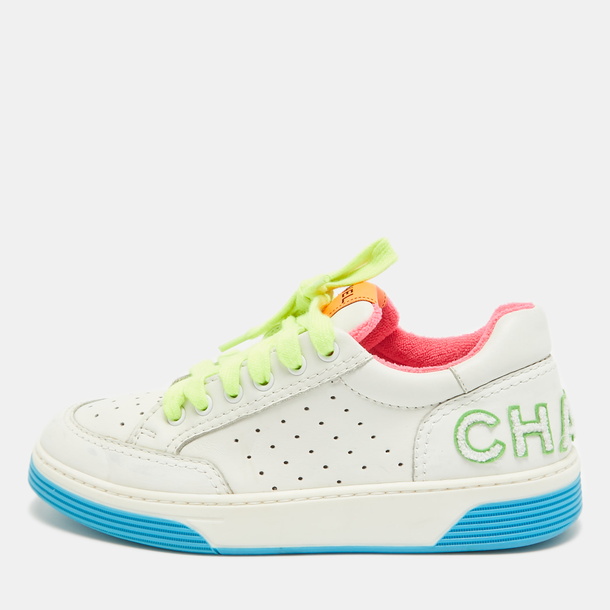 Chanel white/neon leather logo low top sneakers size 37