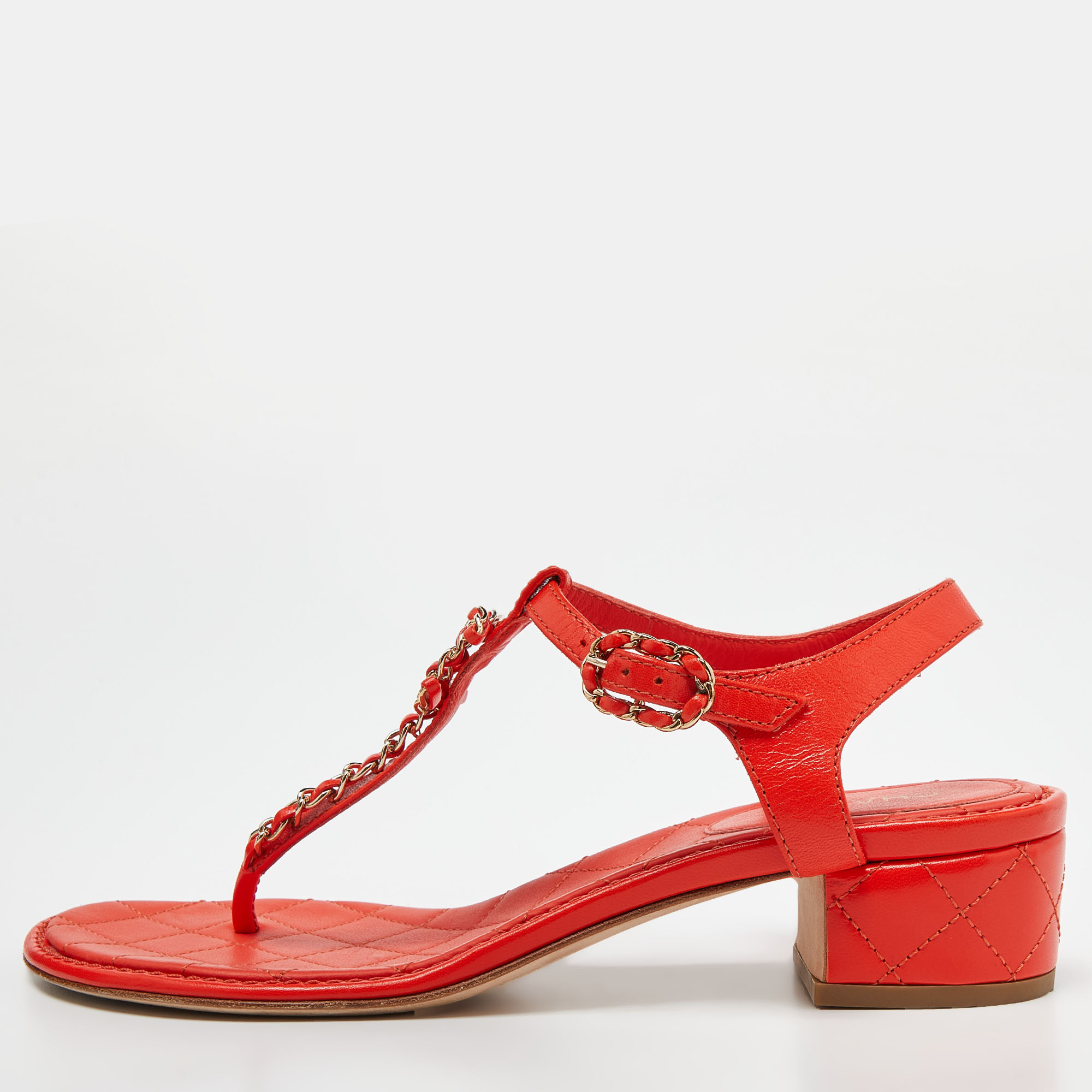 Chanel orange leather t-strap flat thong slingback sandals size 39
