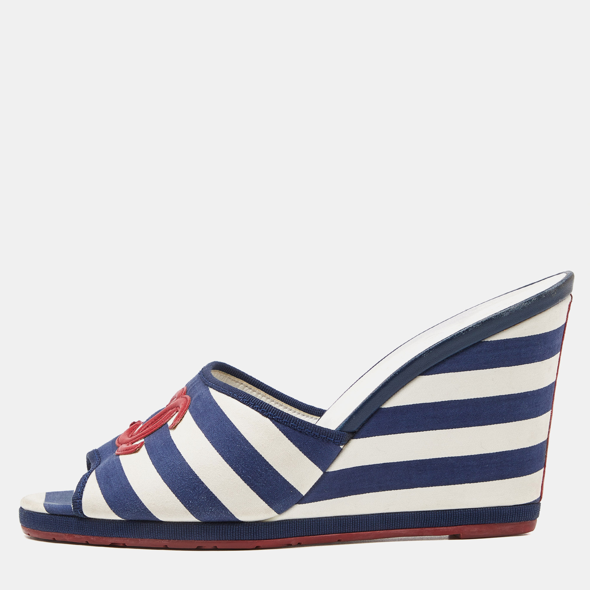 

Chanel Blue/White Stripe Fabric CC Slide Wedge Sandals Size, Navy blue