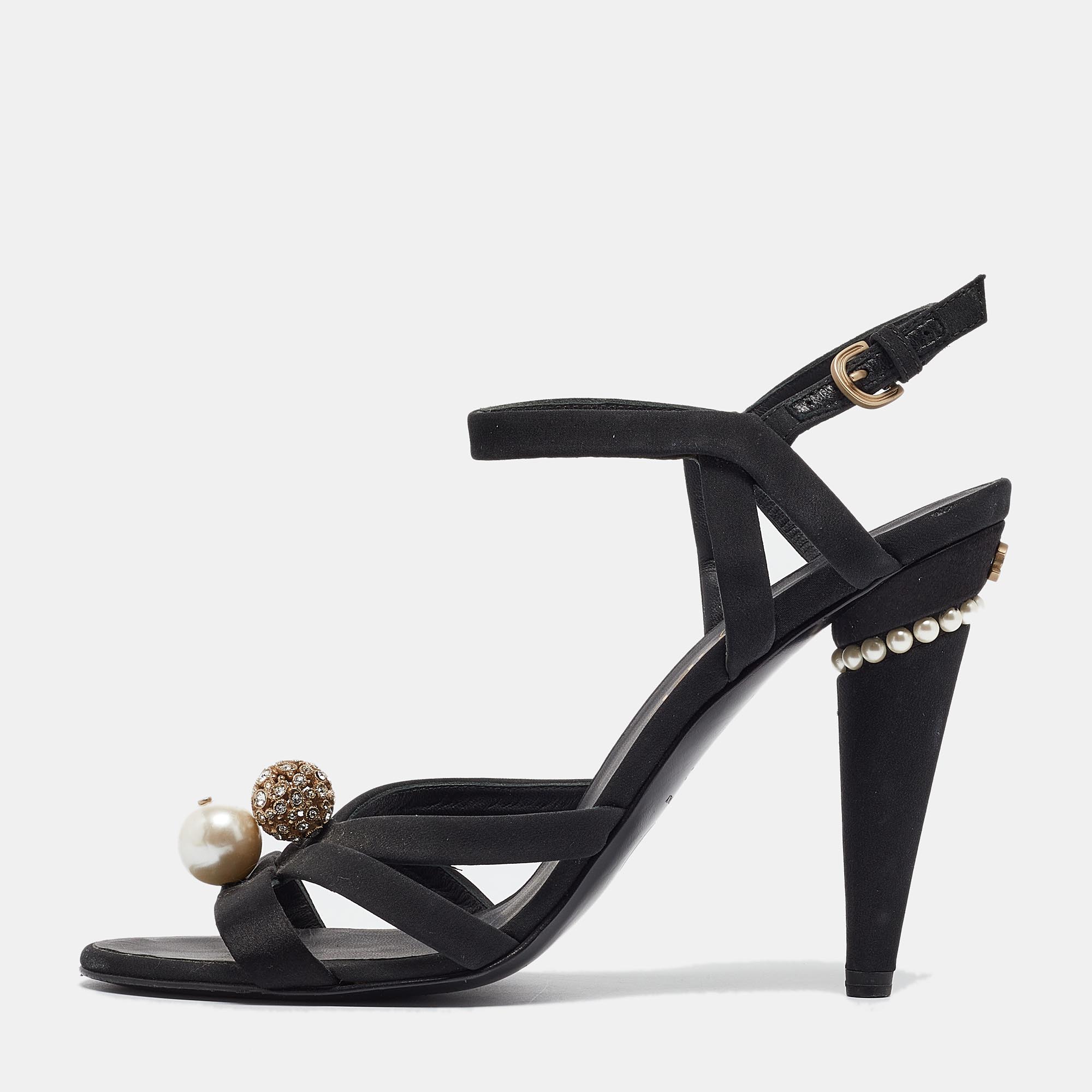 Chanel black satin and canvas ankle strap sandals size 39