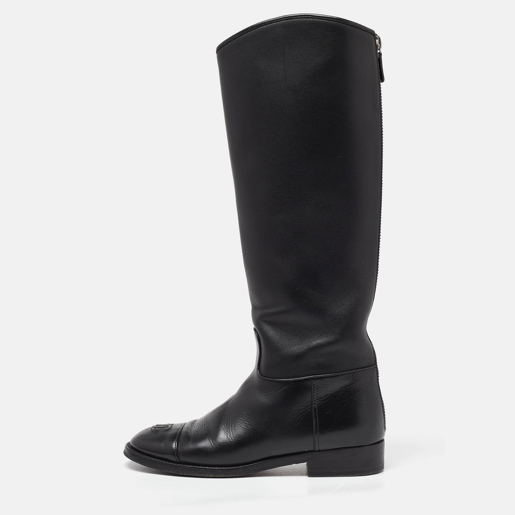 Chanel black leather cc cap toe knee length boots size 38