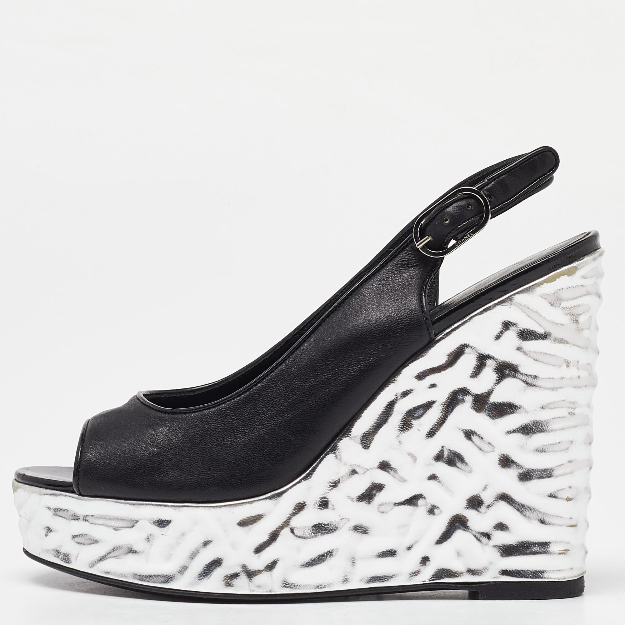 Chanel black/silver leather ankle strap platform wedge sandals size 36