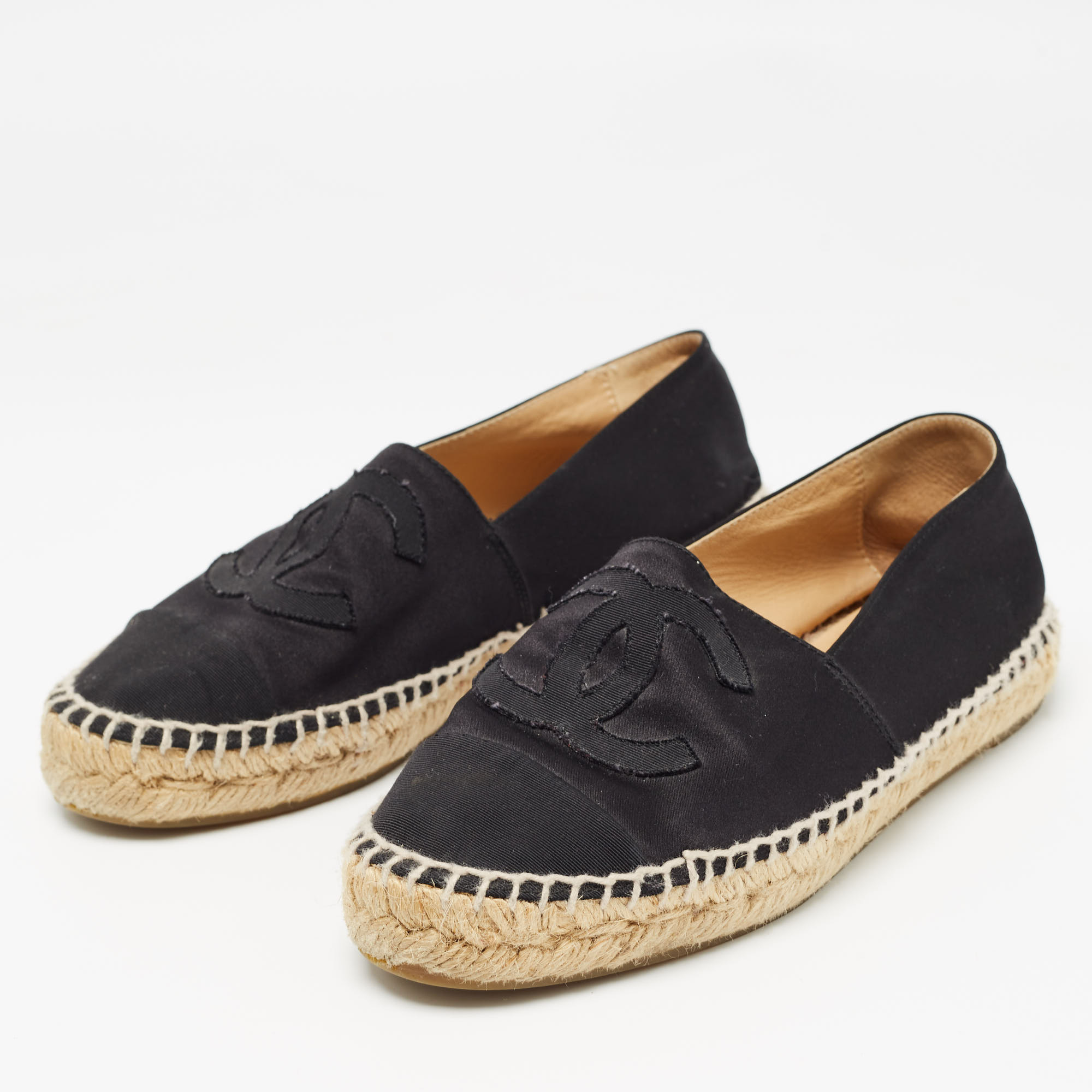 Chanel Black Satin And Canvas CC Espadrille Flats Size 35