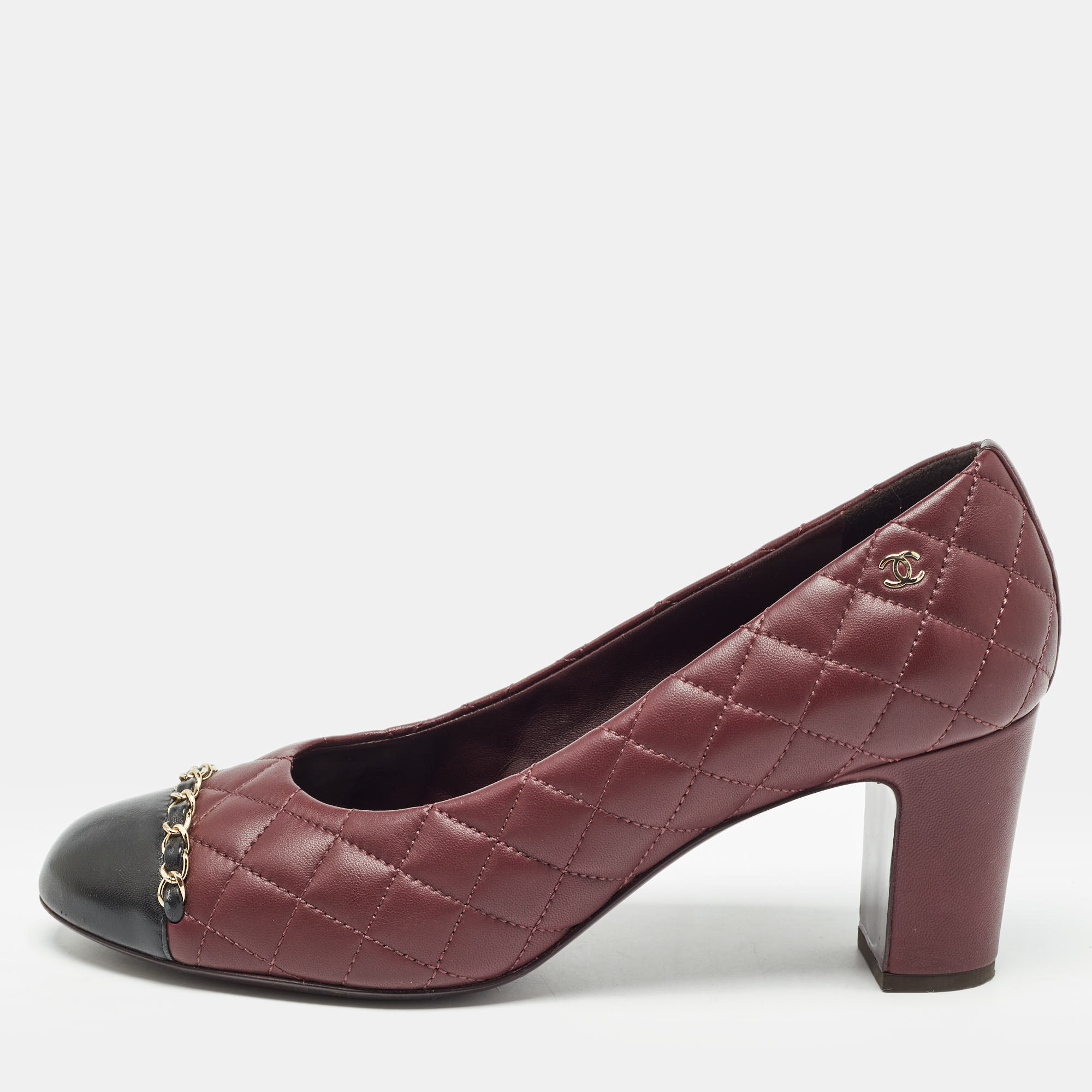 Chanel burgundy/black quilted leather cc chain cap toe pumps size 41