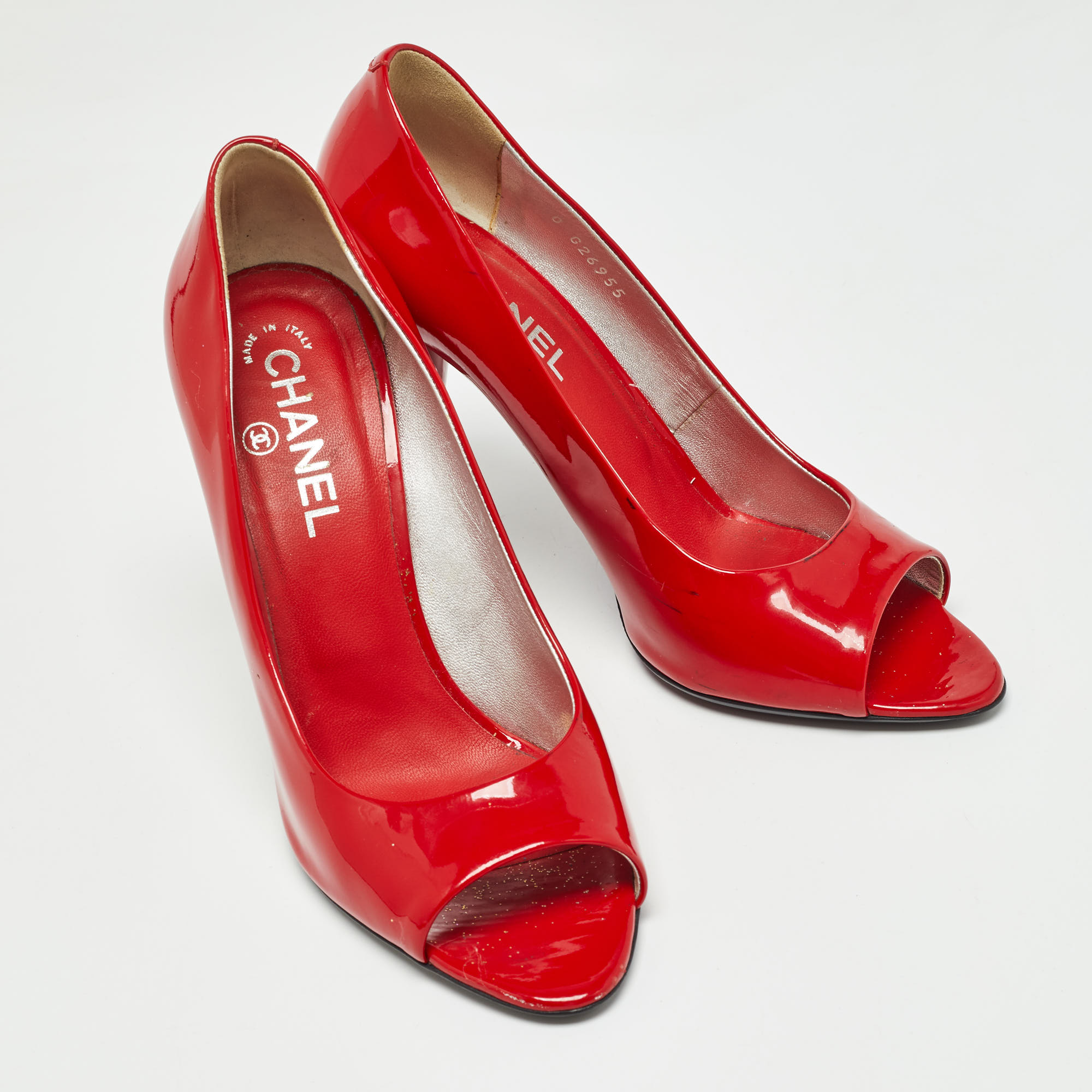 Chanel Red Patent Peep Toe Pumps Size  40