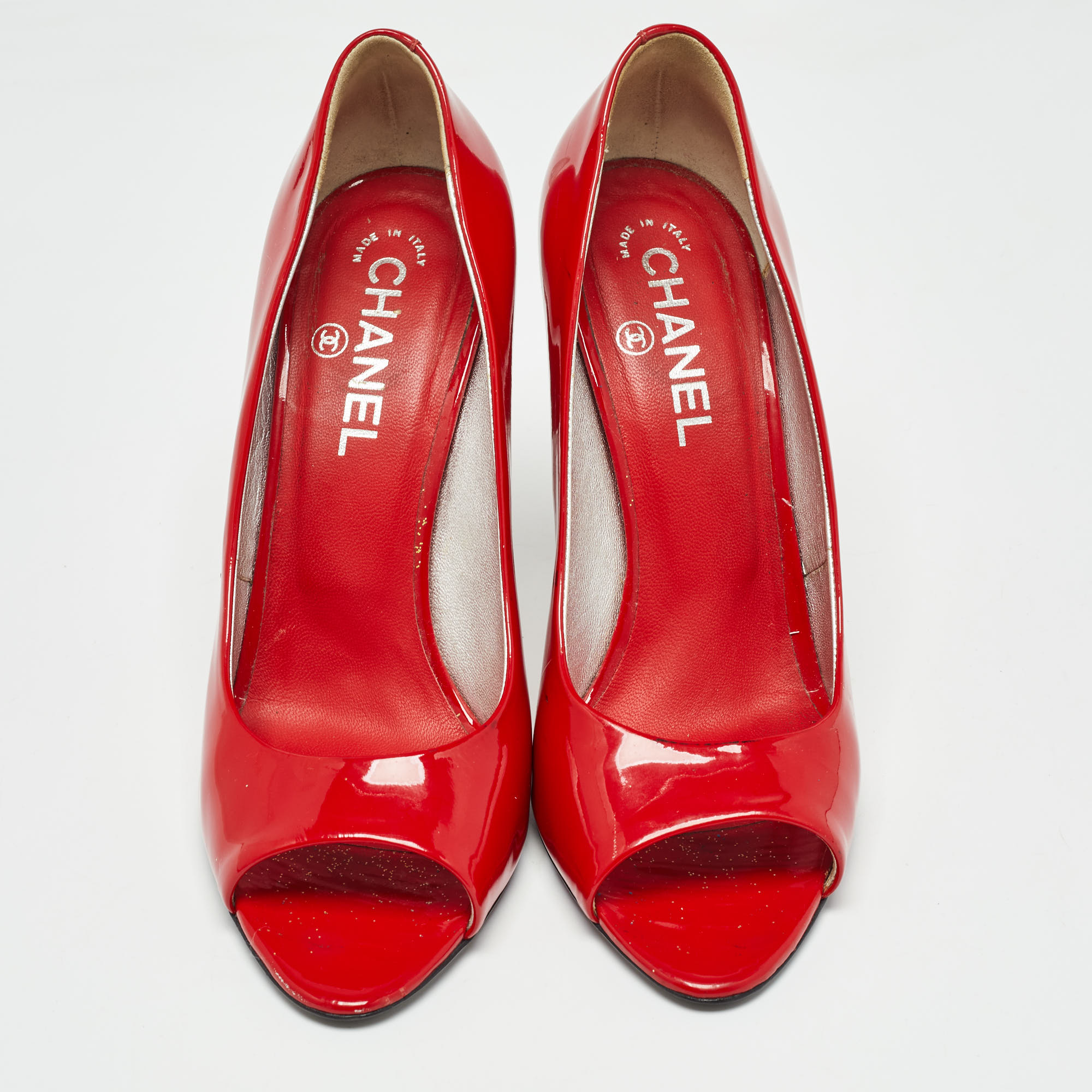 Chanel Red Patent Peep Toe Pumps Size  40