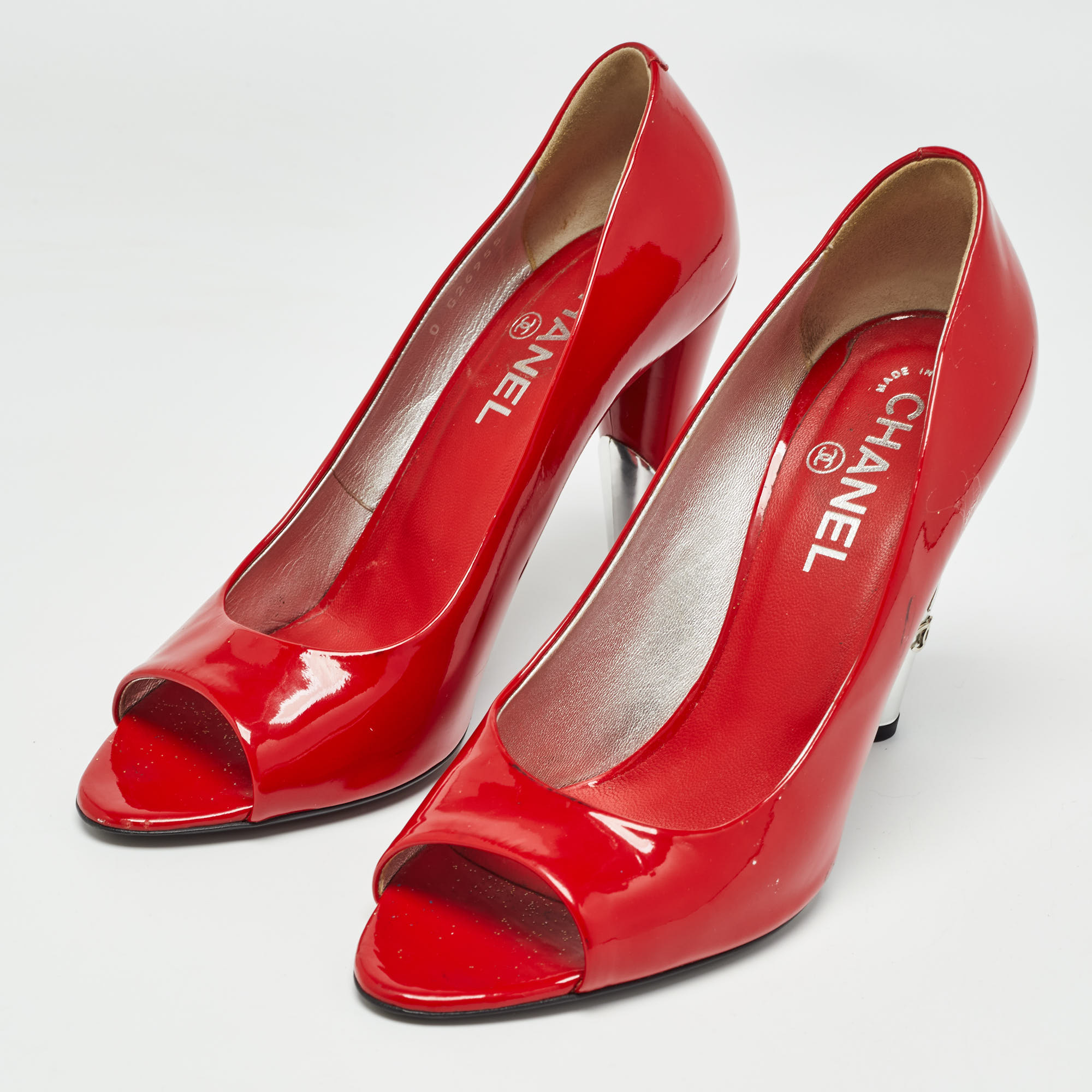 Chanel Red Patent Peep Toe Pumps Size  40