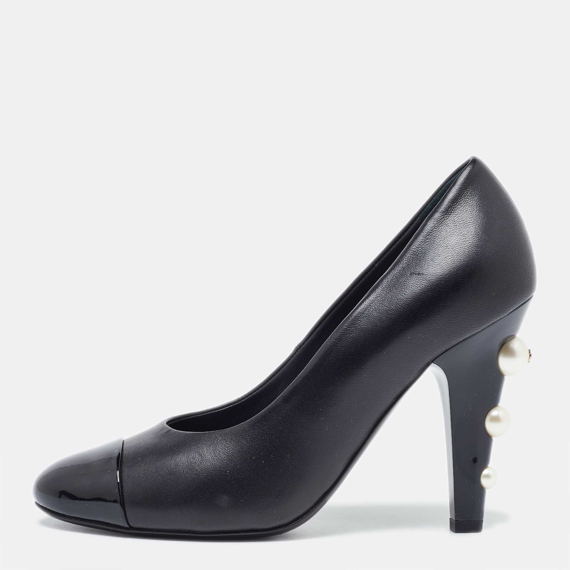 Chanel black leather cc pearl embellished heels cap toe pumps size 36.5