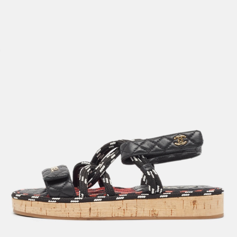 Chanel black leather dad slingback sandals size 38