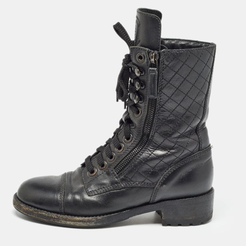 Chanel black leather interlocking cc logo combat boots size 36