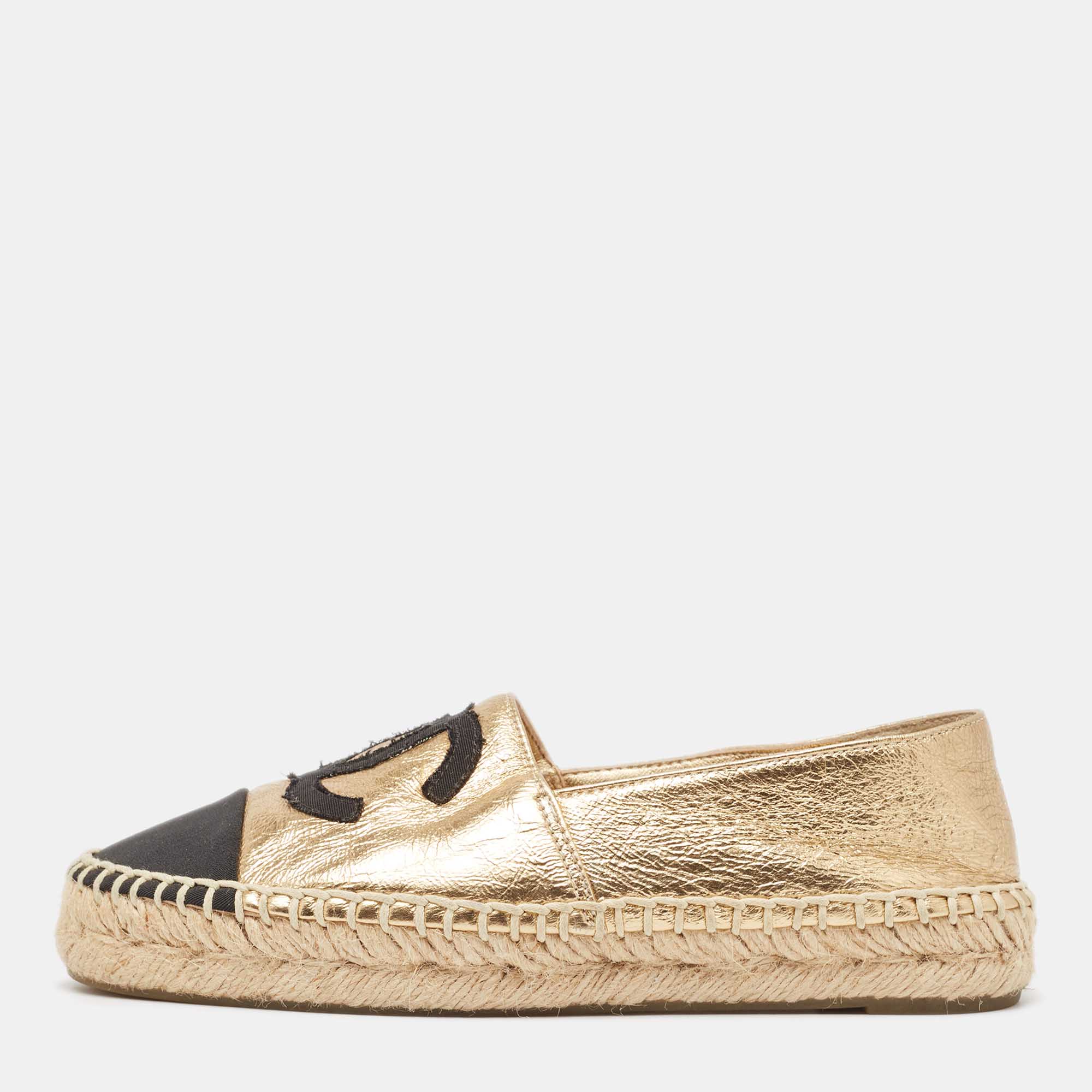 Chanel gold/black leather and canvas cc espadrille flats size 35