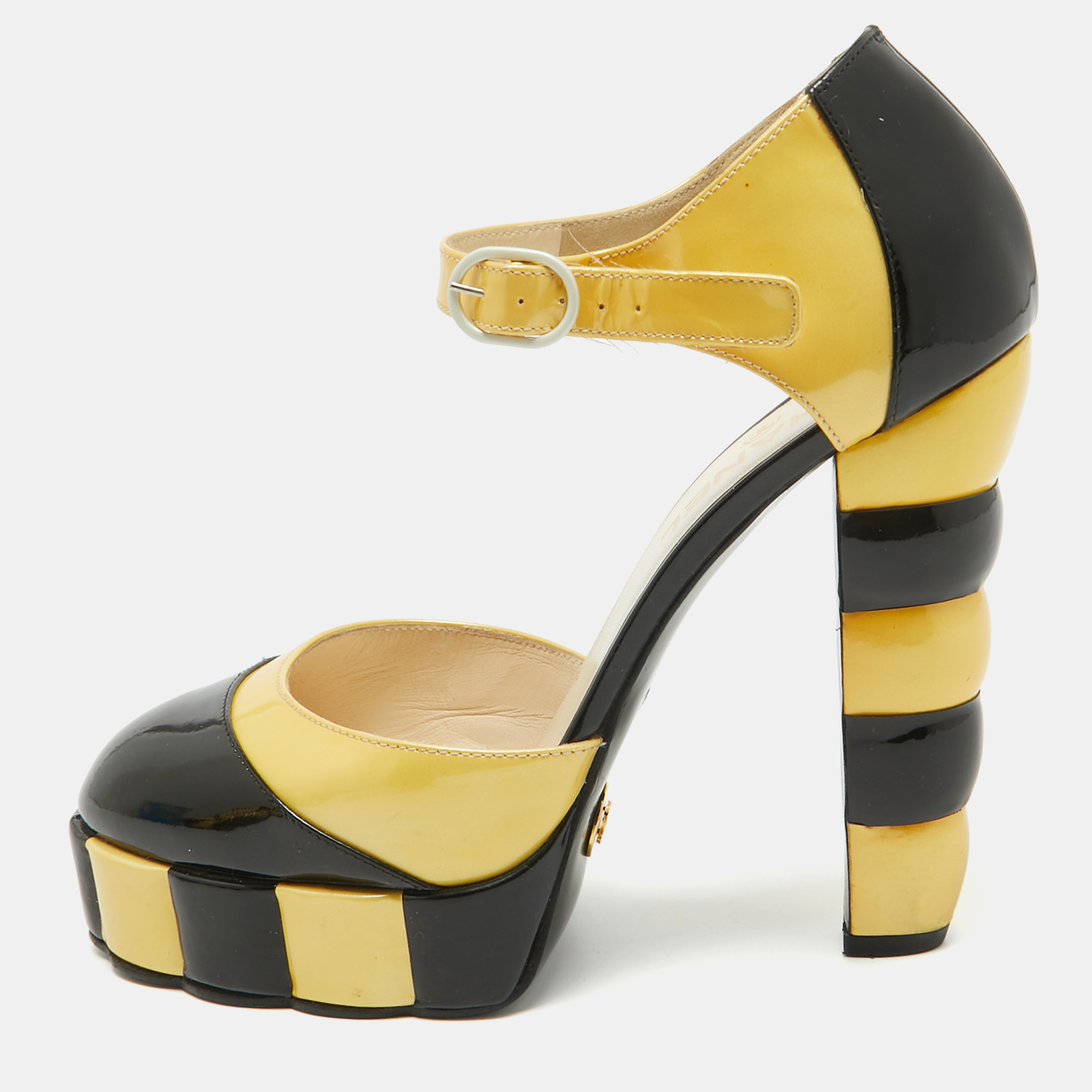 Chanel yellow/black patent leather platform ankle strap pumps size 39