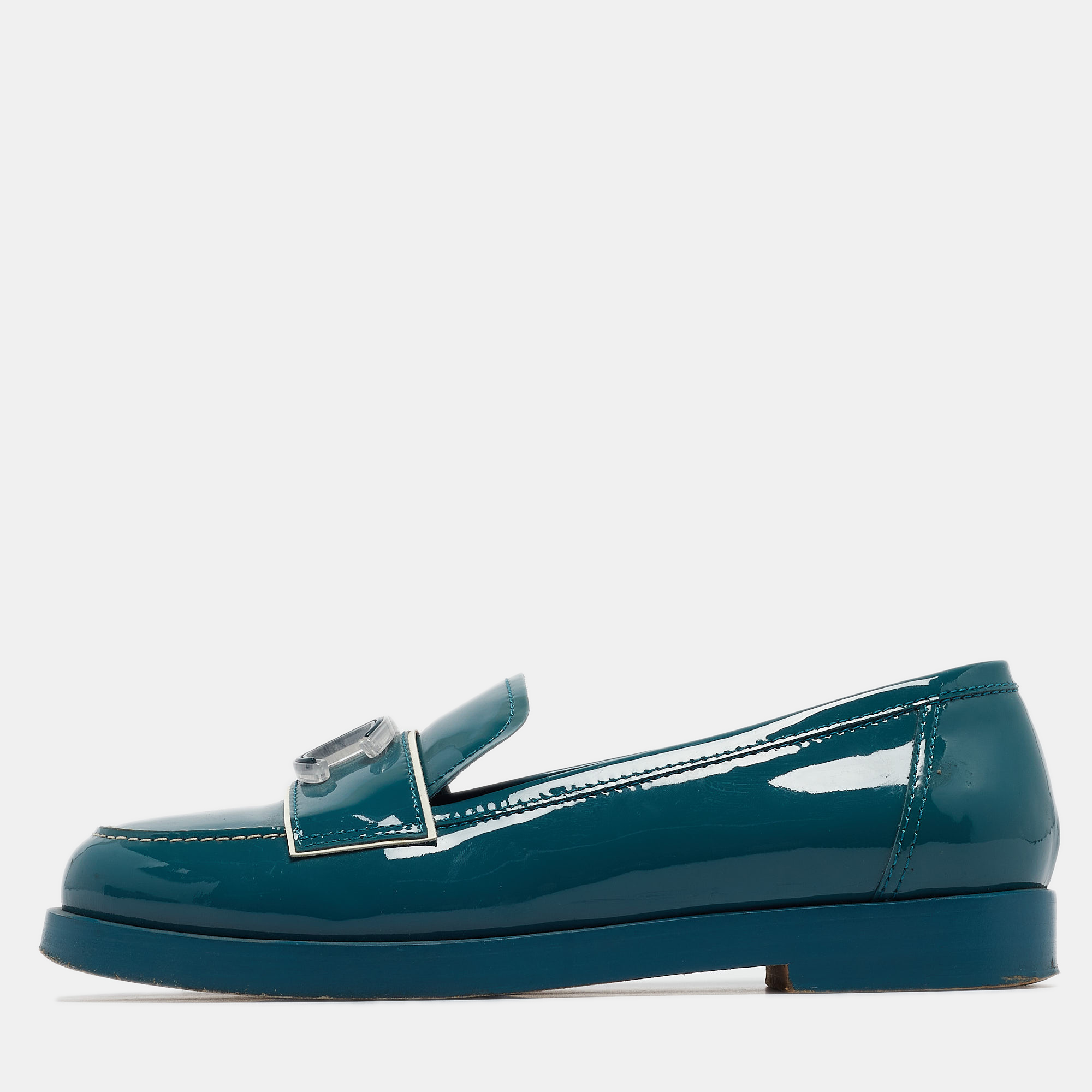 Chanel turquoise patent leather cc slip on loafers size 37