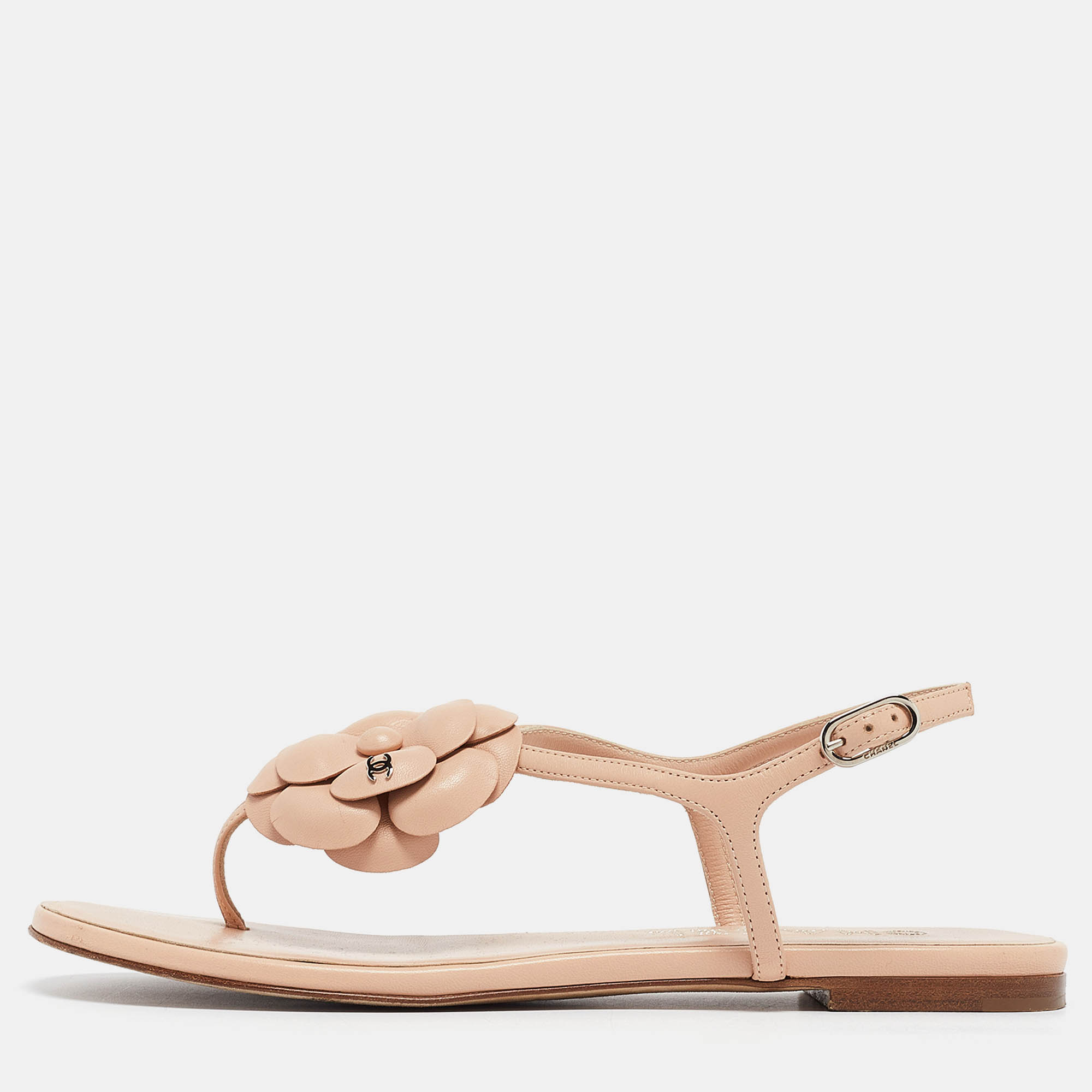 Chanel beige leather cc camellia thong ankle strap flat sandals size 39.5