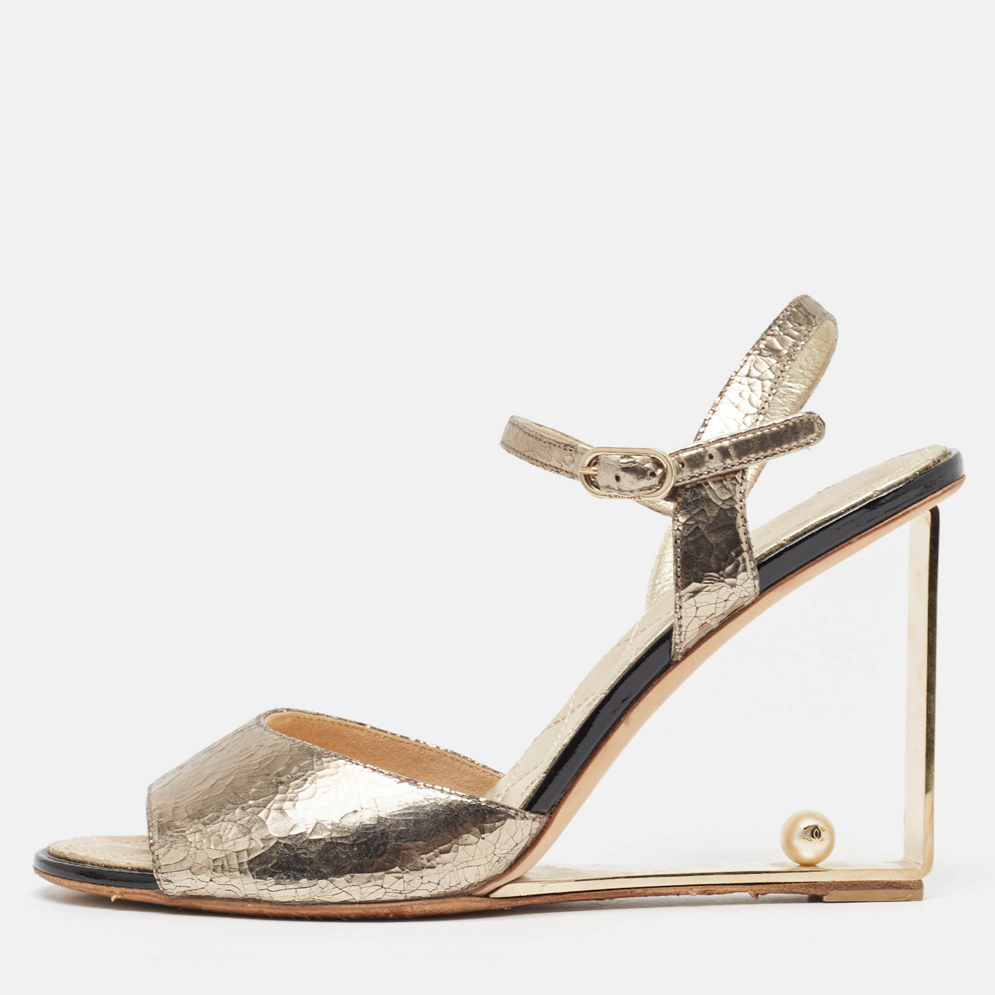 Chanel gold textured leather cc pearl heel ankle strap sandals size 41
