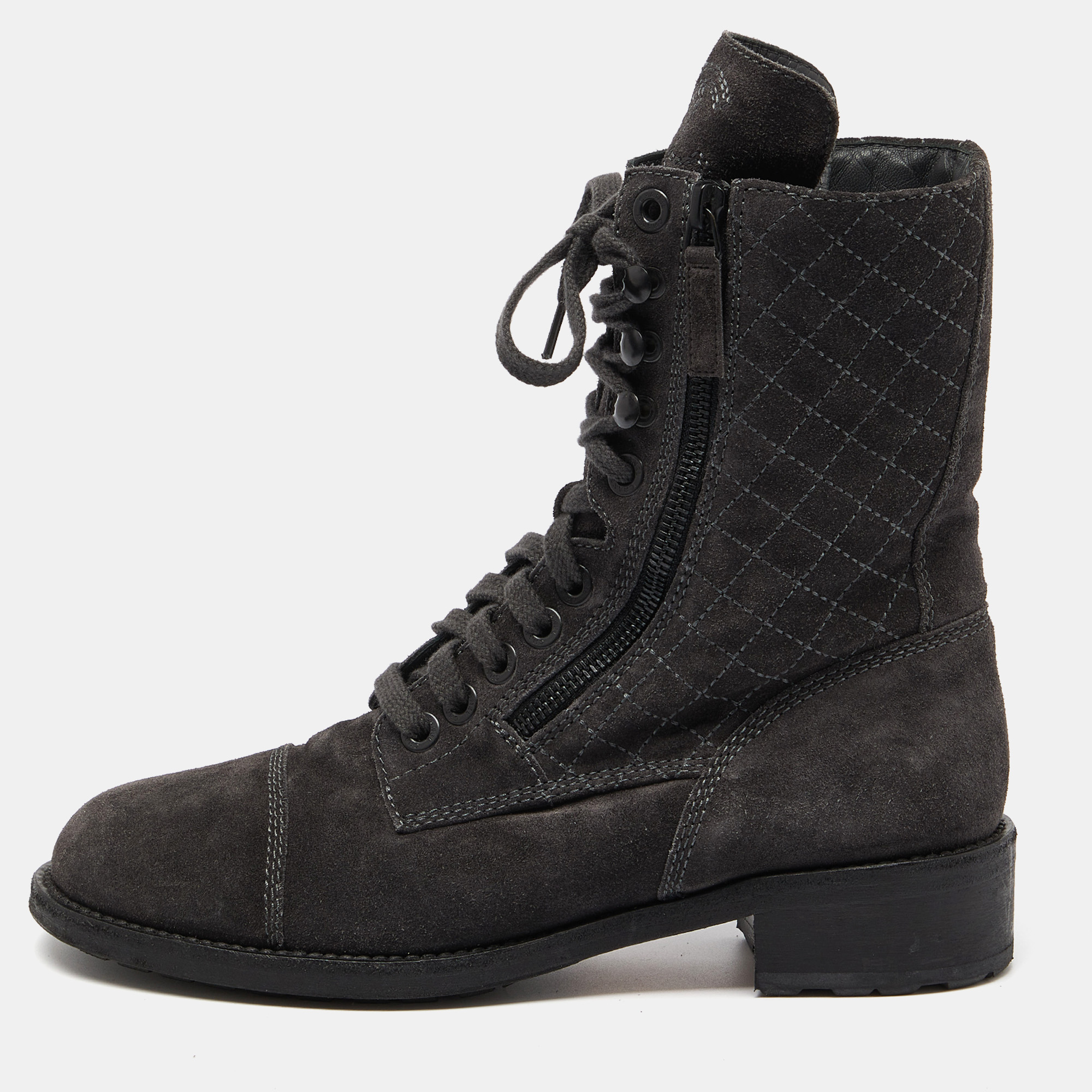 Chanel dark grey quilted suede cc ankle boots size 39.5