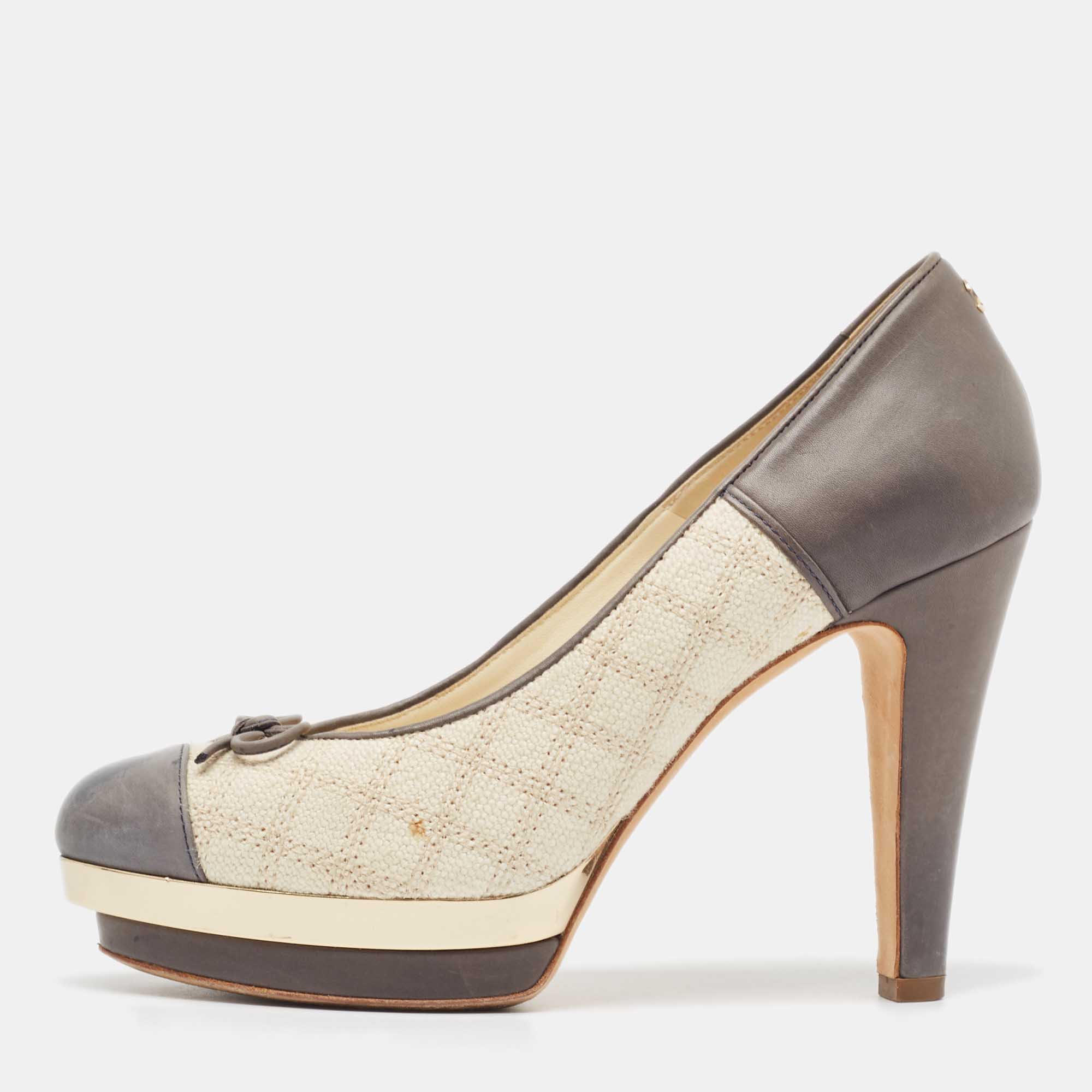 Chanel grey/cream leather and canvas cc bow platform pumps size 36
