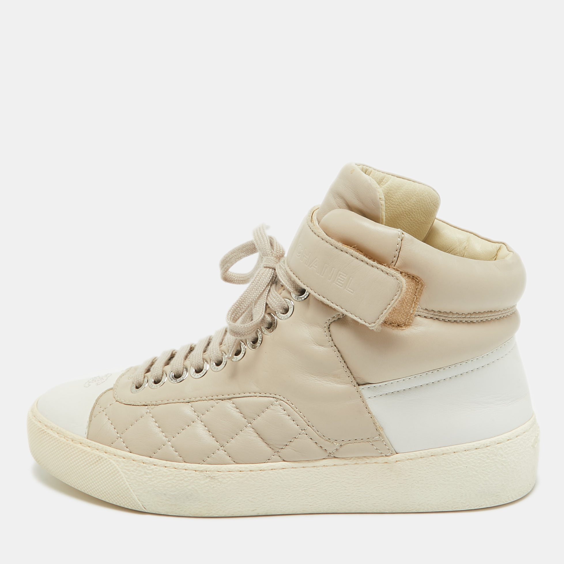 Chanel white/pink quilted leather cc high top sneakers size 35