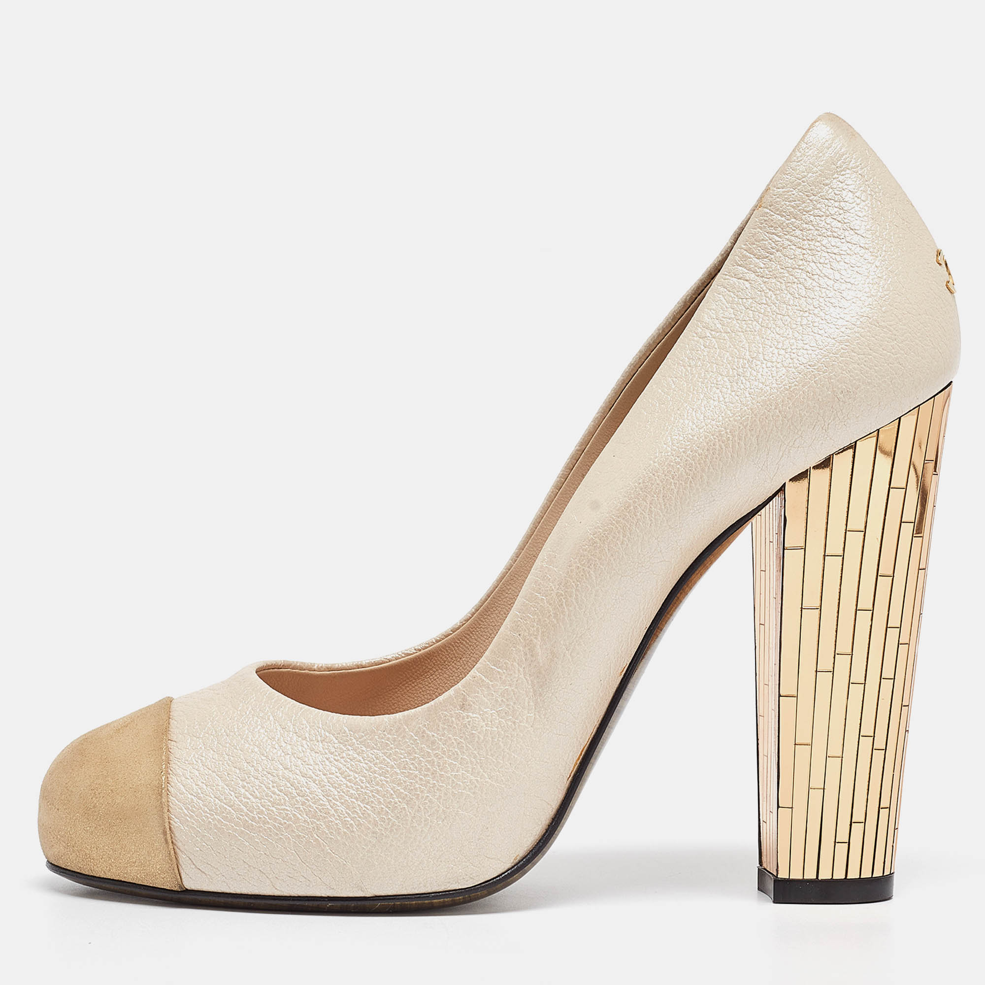 Chanel beige/gold leather cc cap toe block heel pumps size 38.5