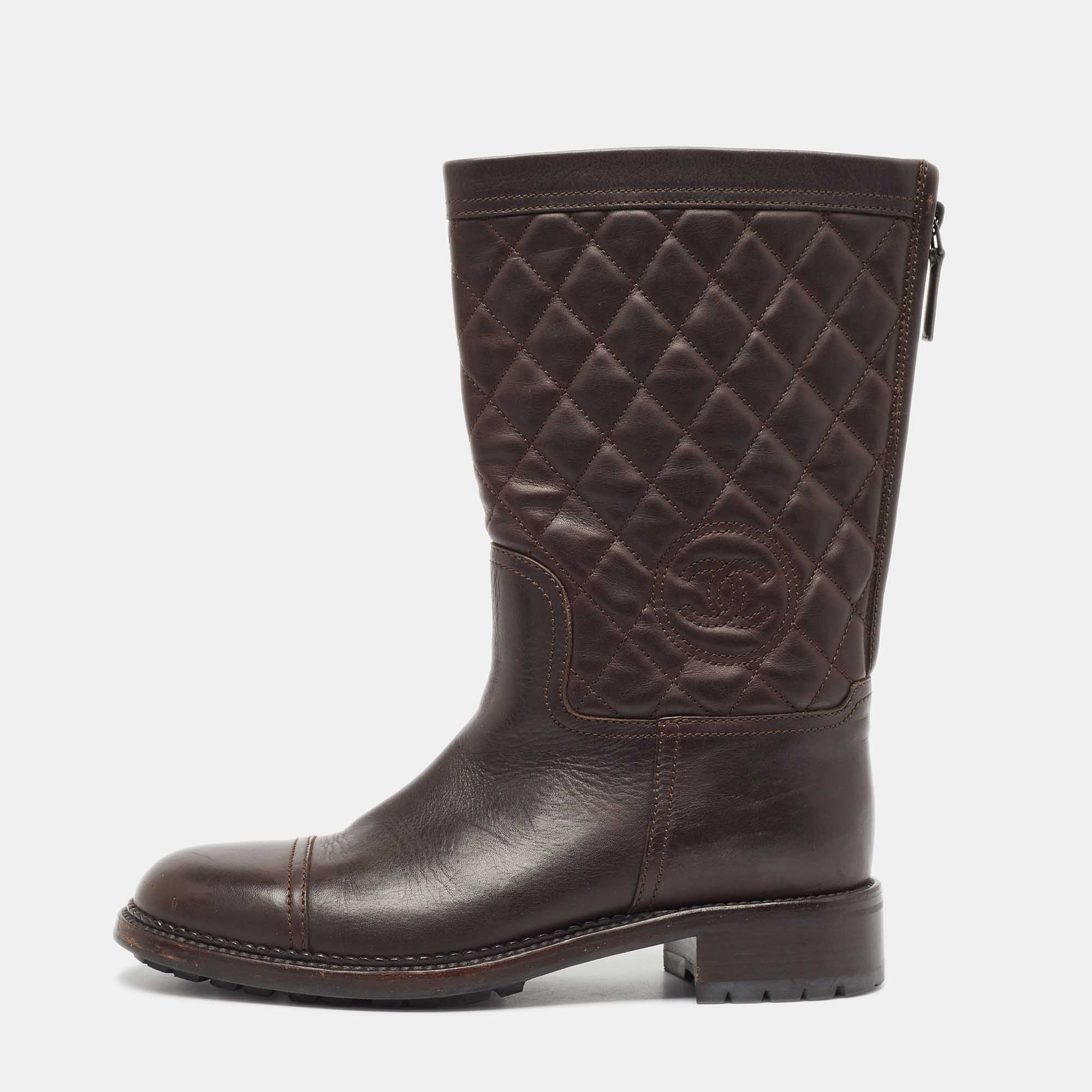 Chanel brown quilted leather cc moto boots size 39.5