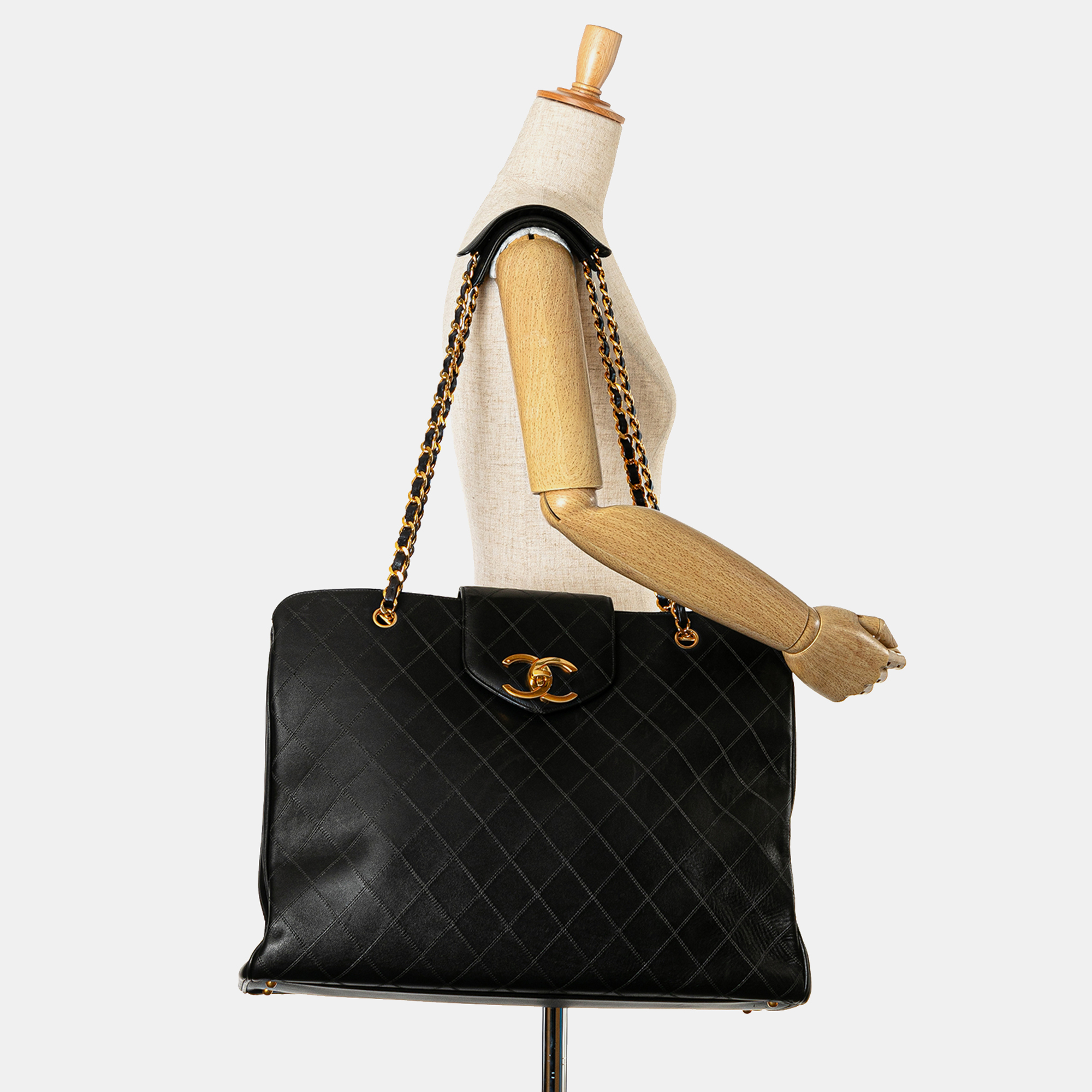 Chanel Black Leather XL Quilted Supermodel Weekender Tote Bag