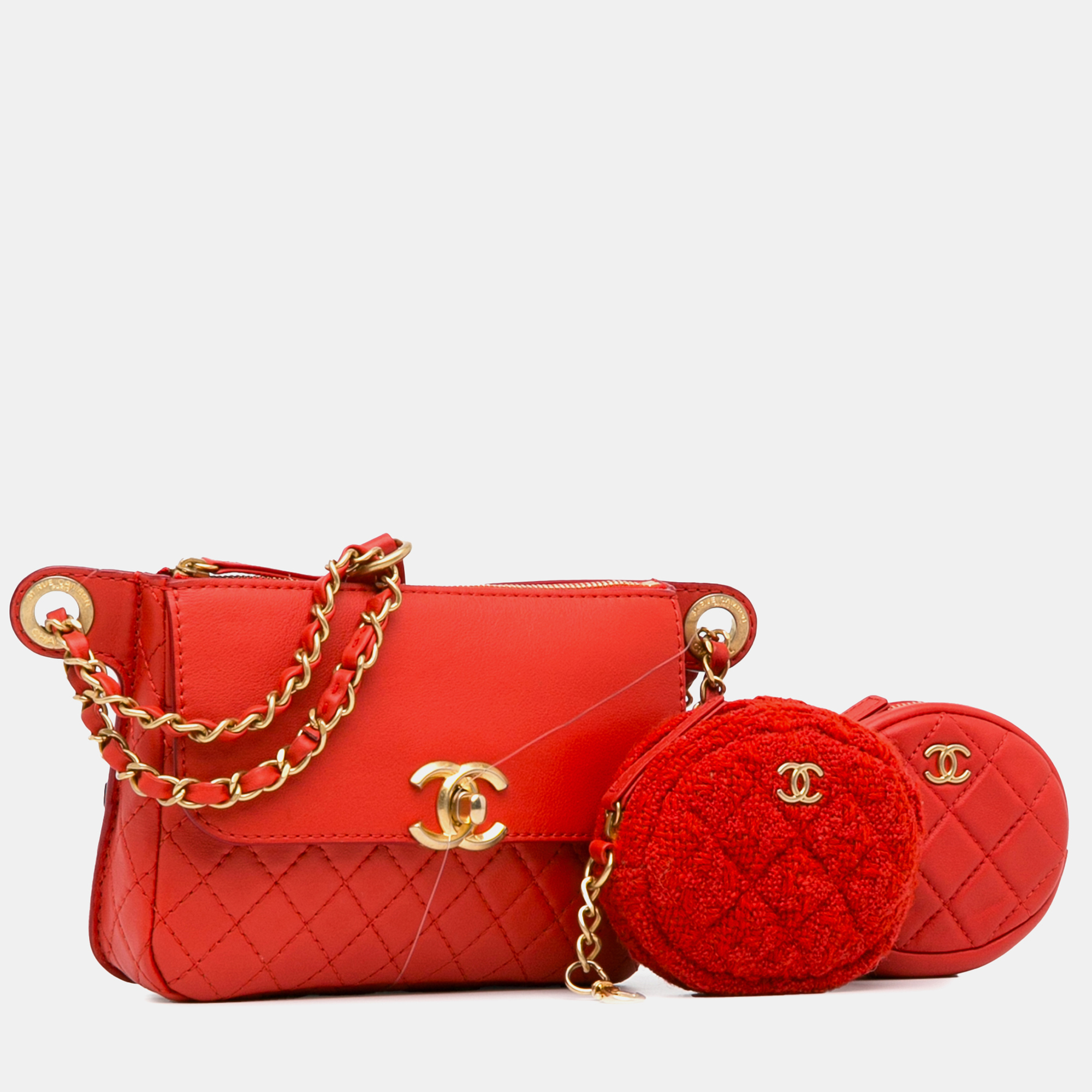 Chanel Red Leather Chanel CC Quilted Calfskin Flap Belt Bag And Coin Purse