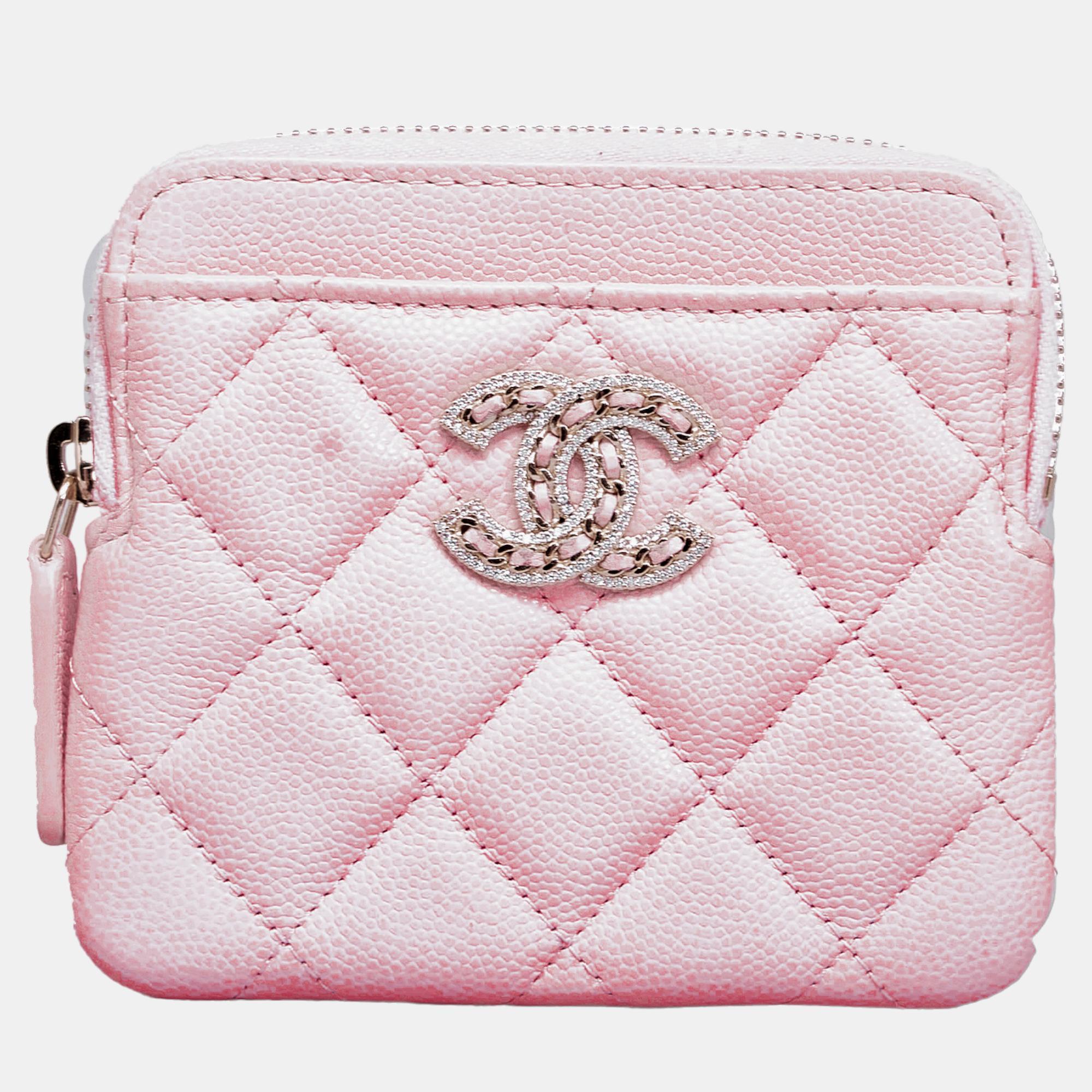 Chanel Pink Caviar CC Crystal Woven Square Zip Around Card Holder