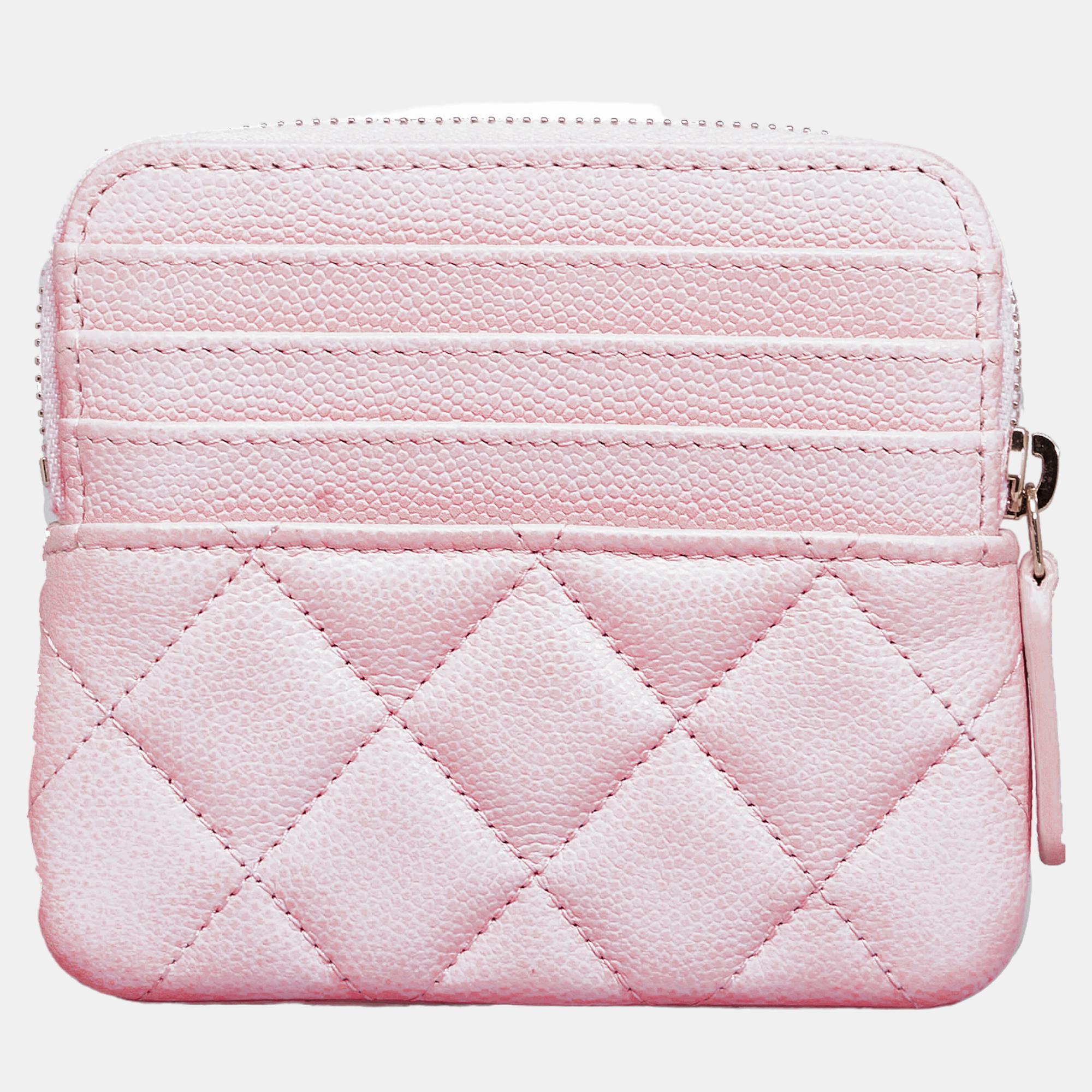 Chanel Pink Caviar CC Crystal Woven Square Zip Around Card Holder