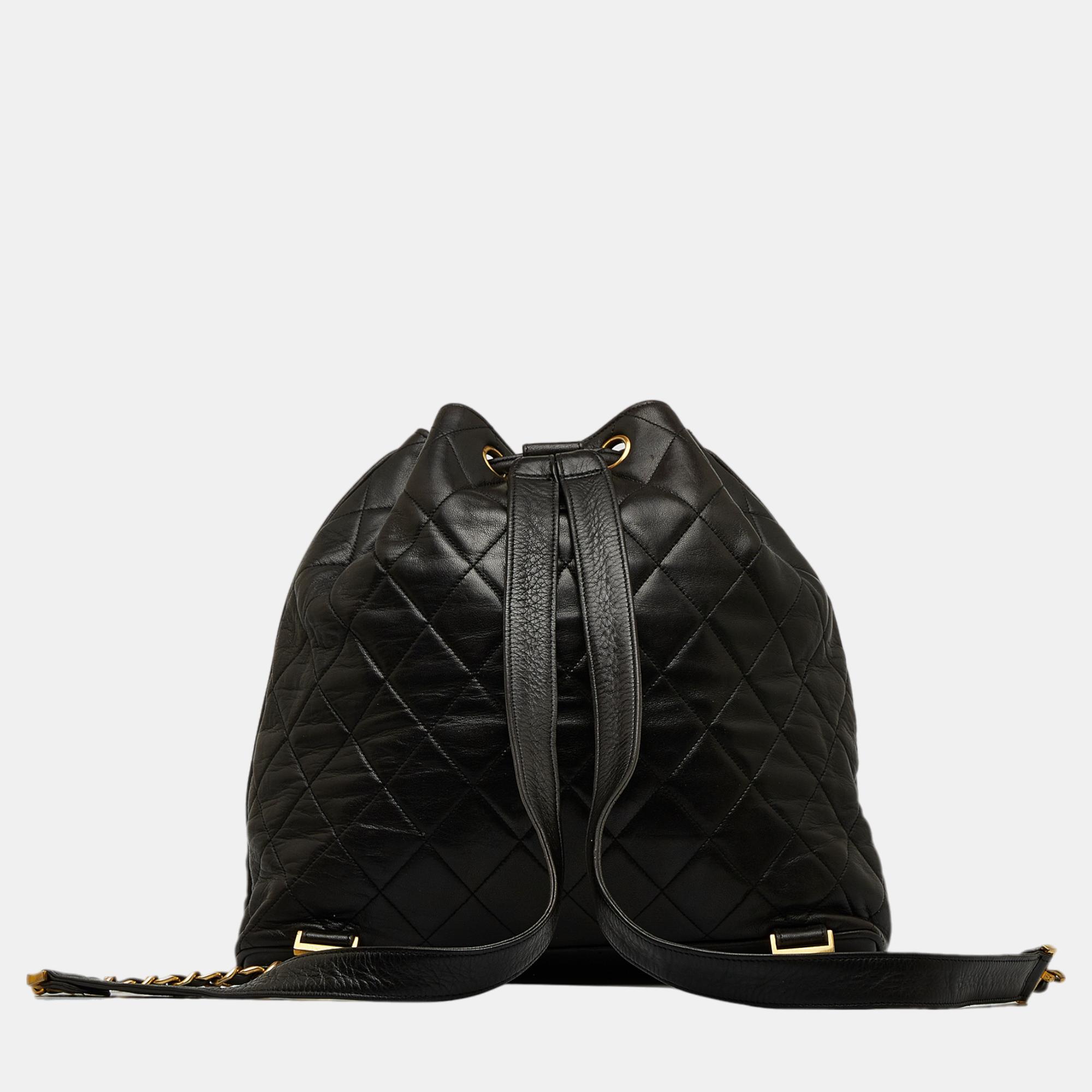 Chanel Black CC Quilted Lambskin Drawstring Backpack