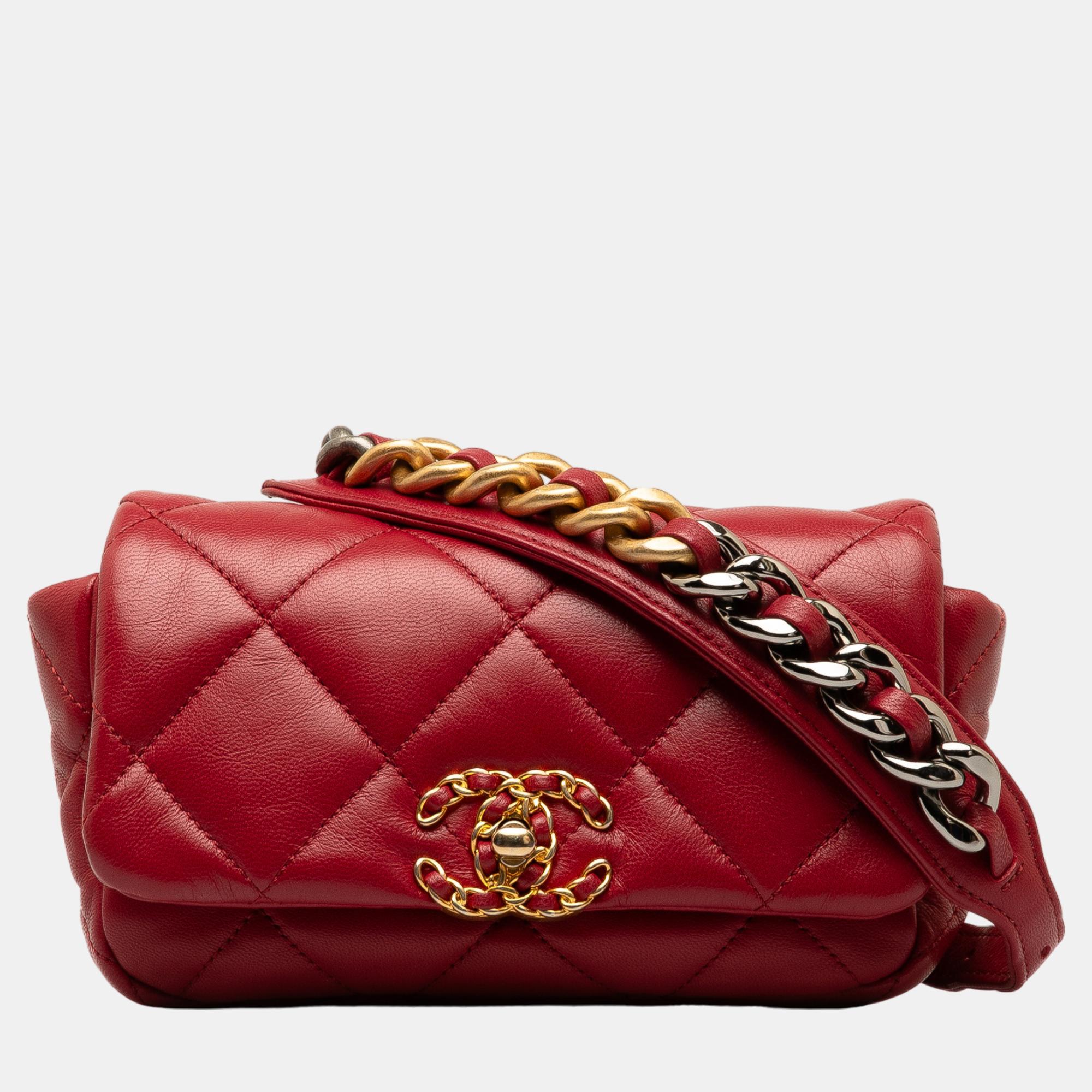 Chanel red lambskin 19 belt bag
