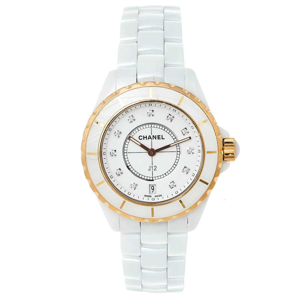 Chanel White 18K Yellow Gold & Ceramic J12 H2181 Women's Wristwatch 39 mm