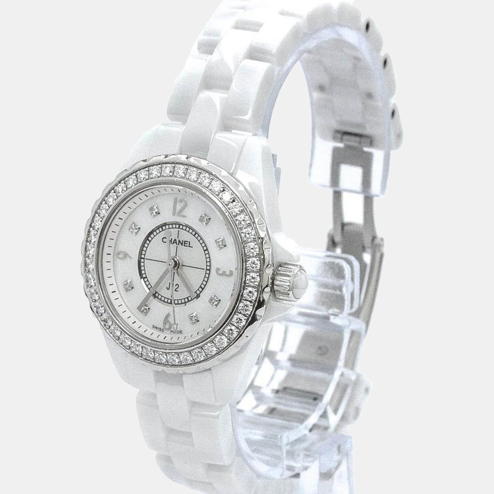 Chanel White Diamonds Stainless Steel And Ceramic J12 H3110 Women's Wristwatch 33 Mm