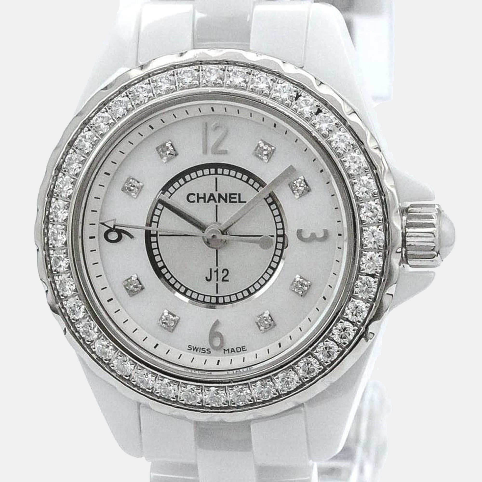 Chanel White Diamonds Stainless Steel And Ceramic J12 H3110 Women's Wristwatch 33 Mm