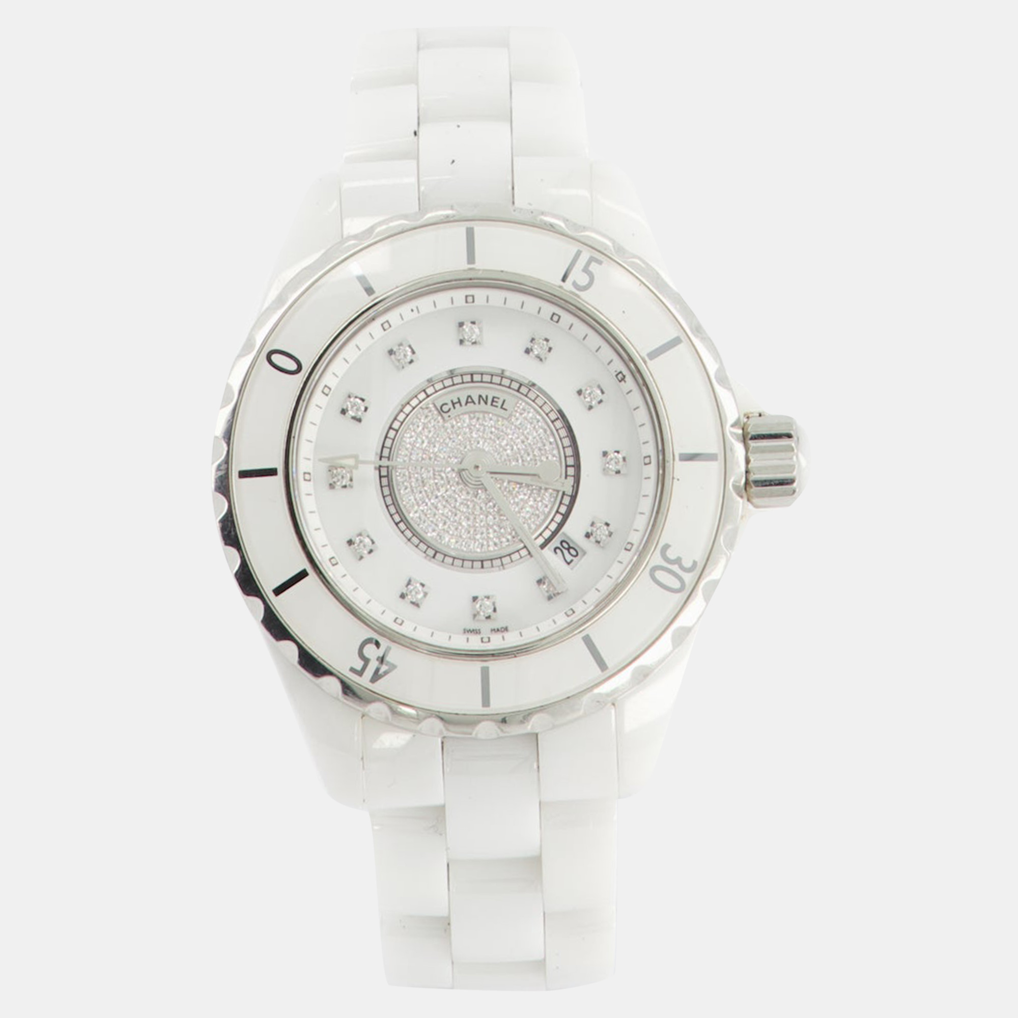 Chanel j12 white ceramic watch with ceramic diamond dial and silver hardware