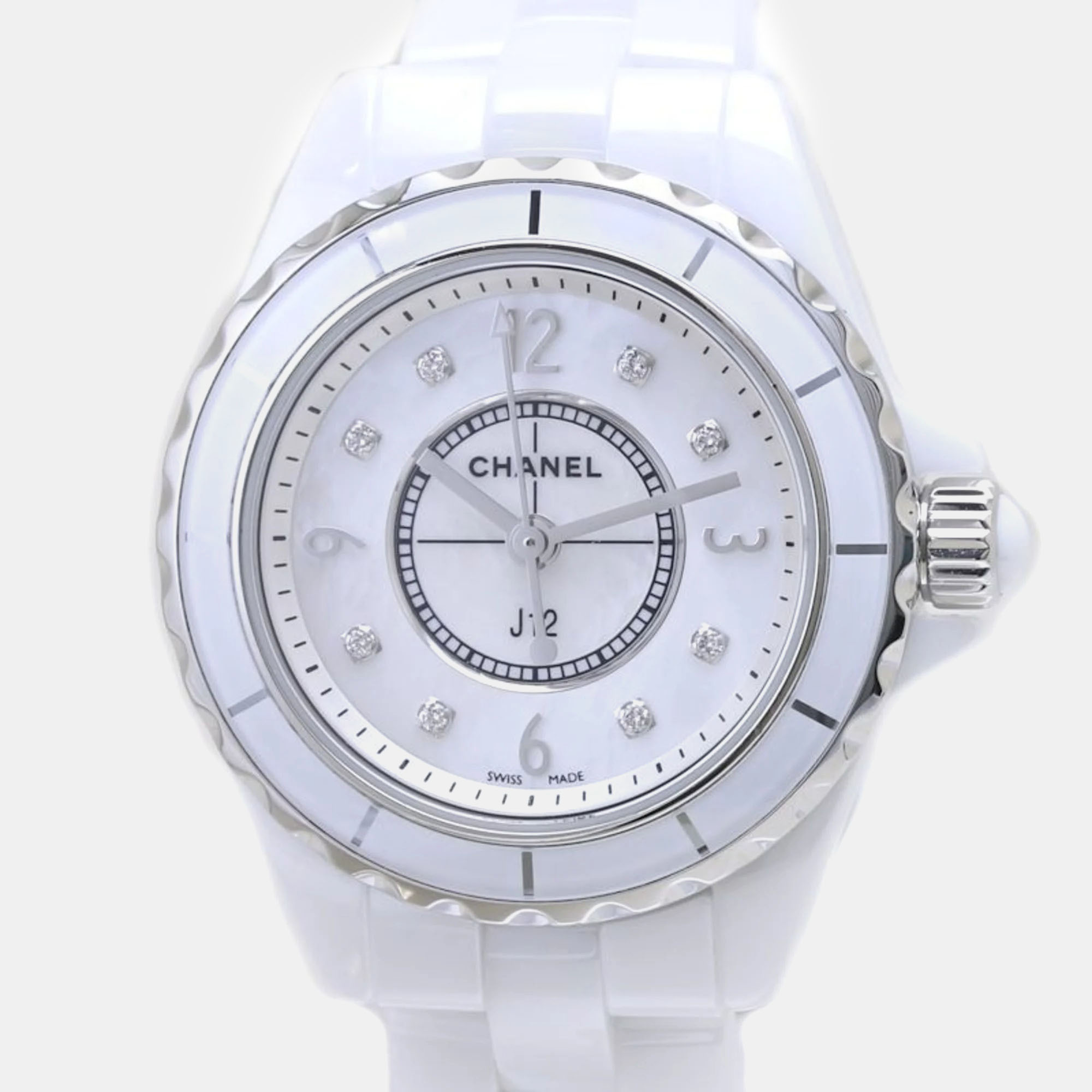 Chanel white stainless steel ceramic j12 h2570 quartz women's wristwatch 29 mm