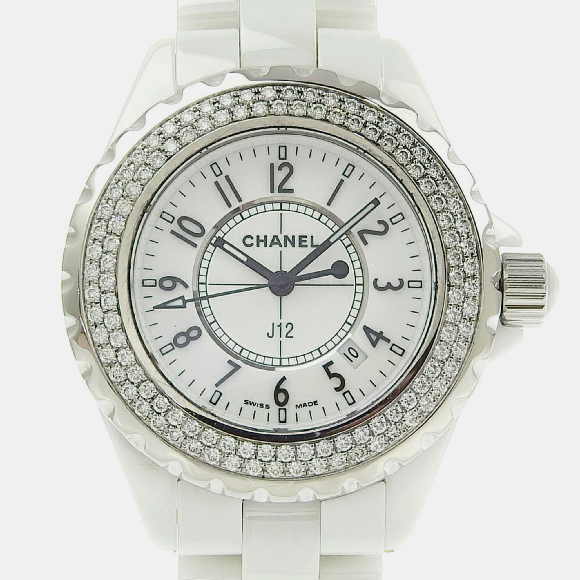 Chanel white ceramic diamond j12 quartz women's wristwatch 33 mm