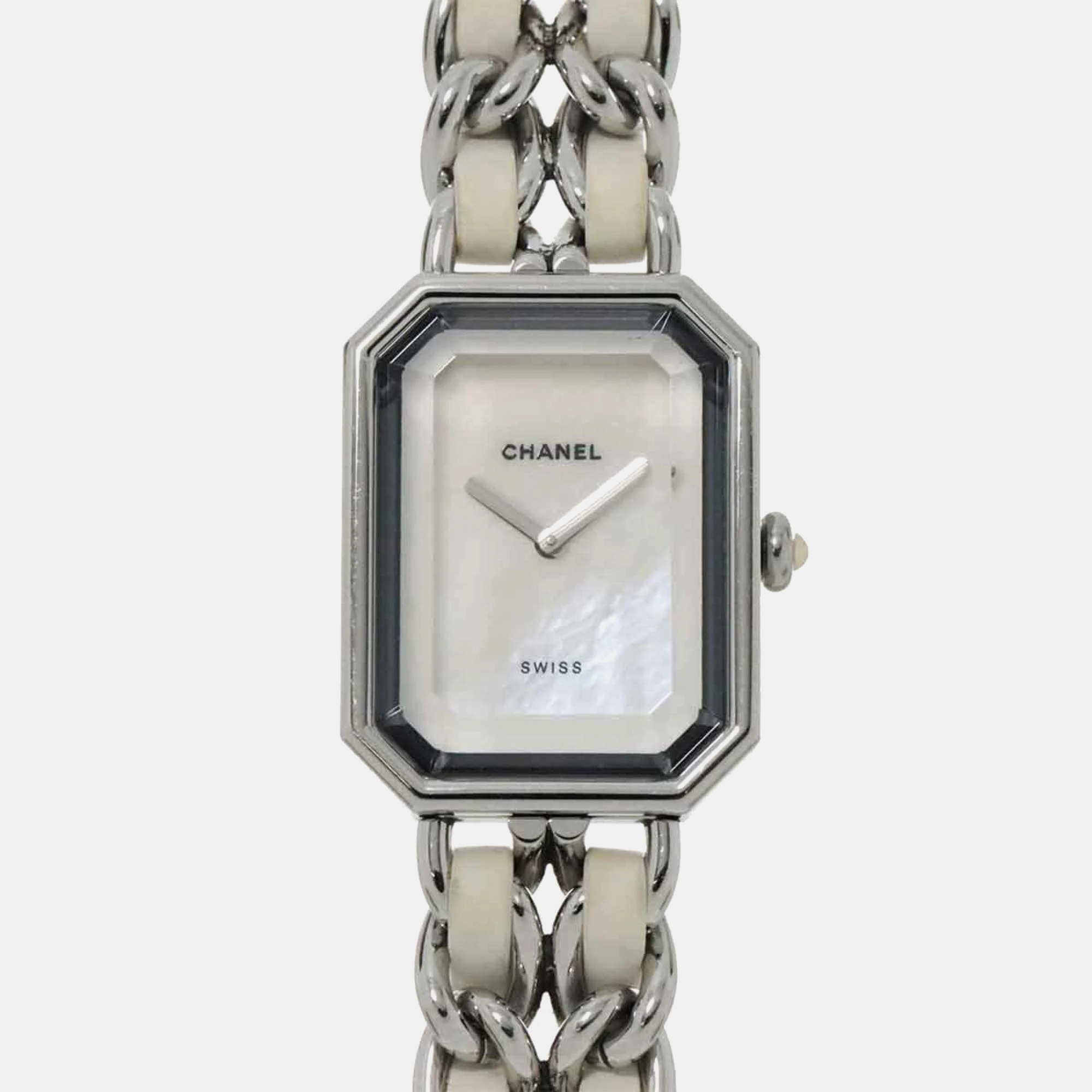 Chanel white shell stainless steel and rubber premiere quartz women's wristwatch 20 mm