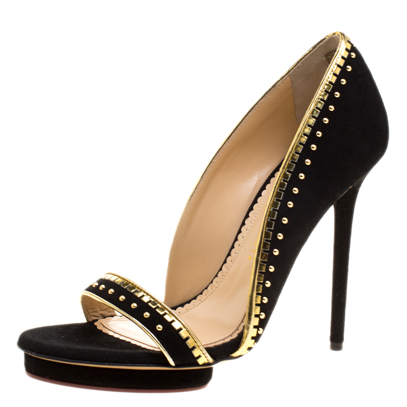 Image of Charlotte Olympia Black Suede Christine Stud Embellished Open Toe Sandals Size