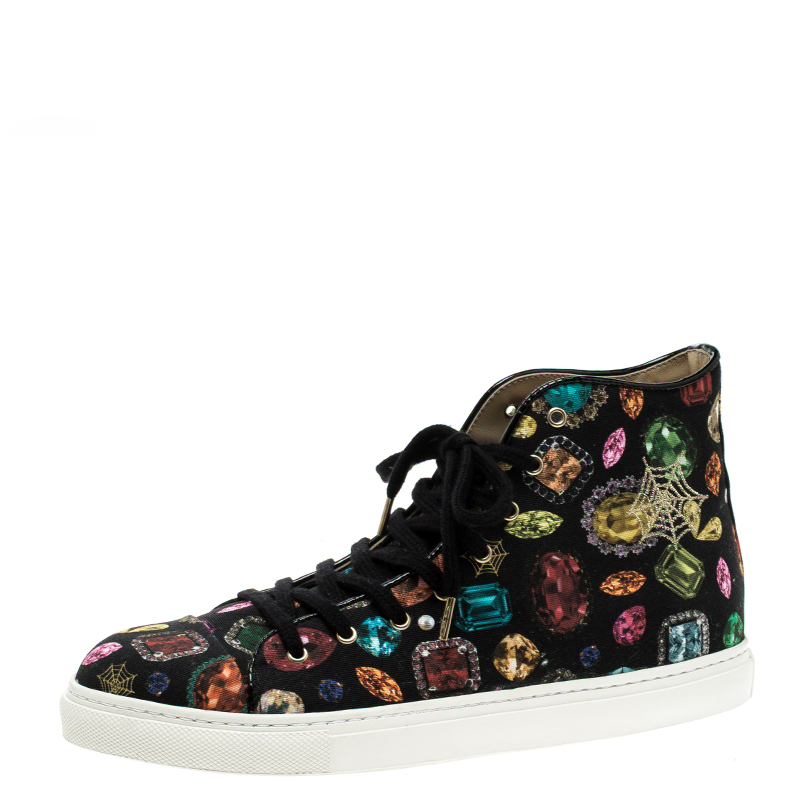 Image of Charlotte Olympia Multicolor Jewel Print Canvas High Top Sneakers Size .