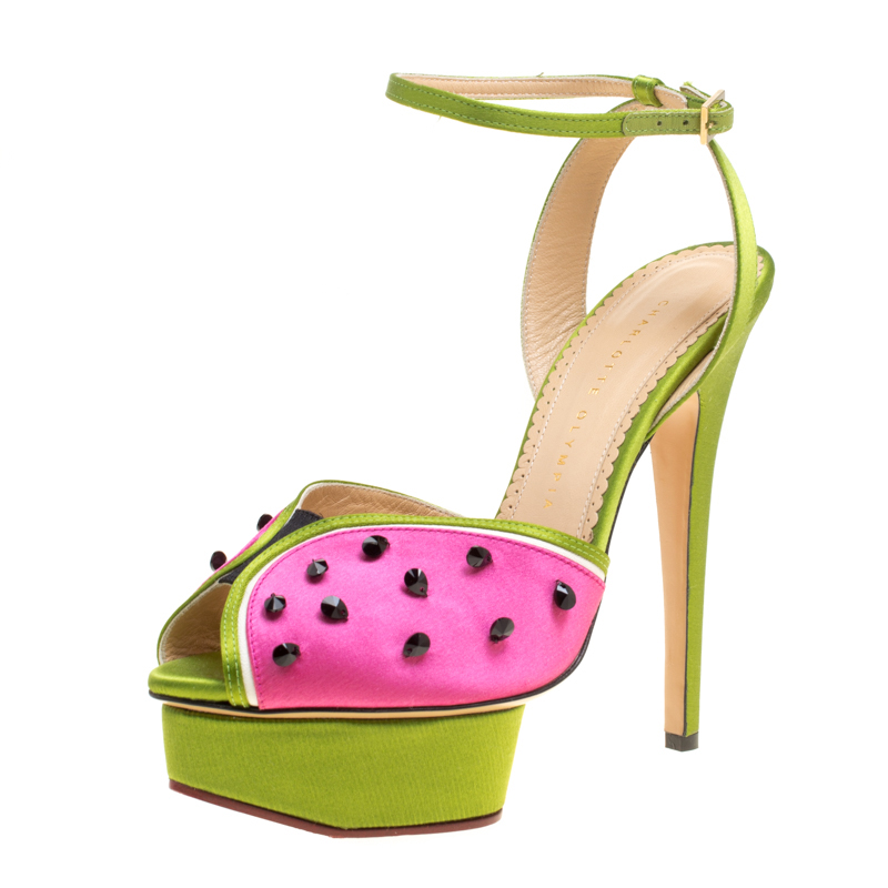 Image of Charlotte Olympia Tricolor Satin Mouthwatering Crystal Embellished Platform Sandals Size