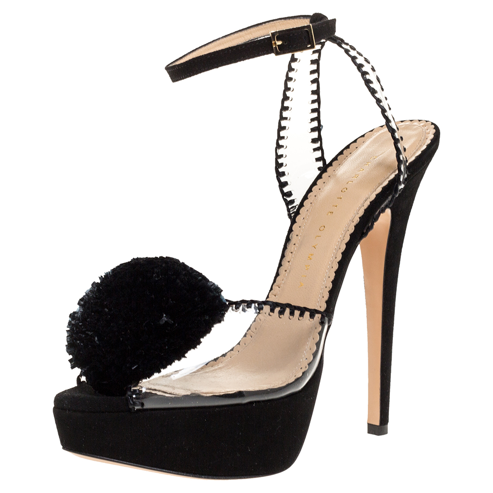 Image of Charlotte Olympia Black Suede Leather And PVC Platform Ankle Strap Sandals Size