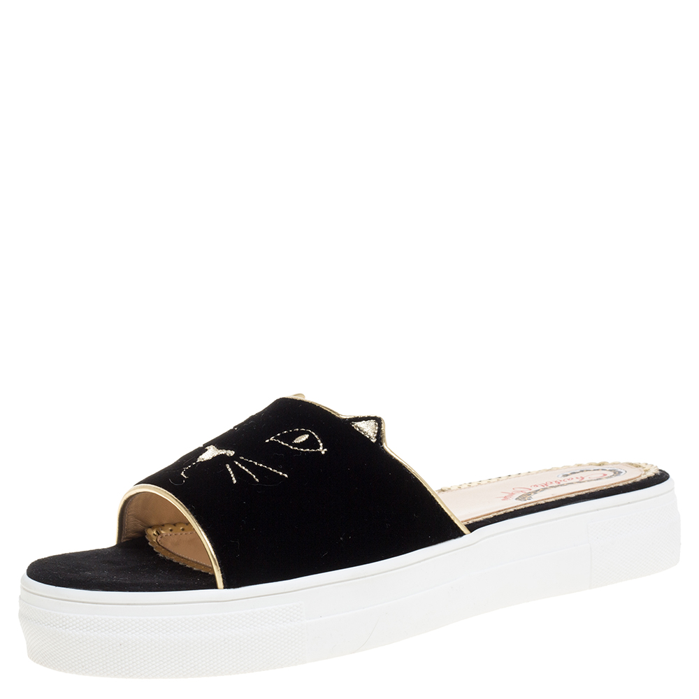 Image of Charlotte Olympia Black Velvet Kitty Slide Platform Sandals Size