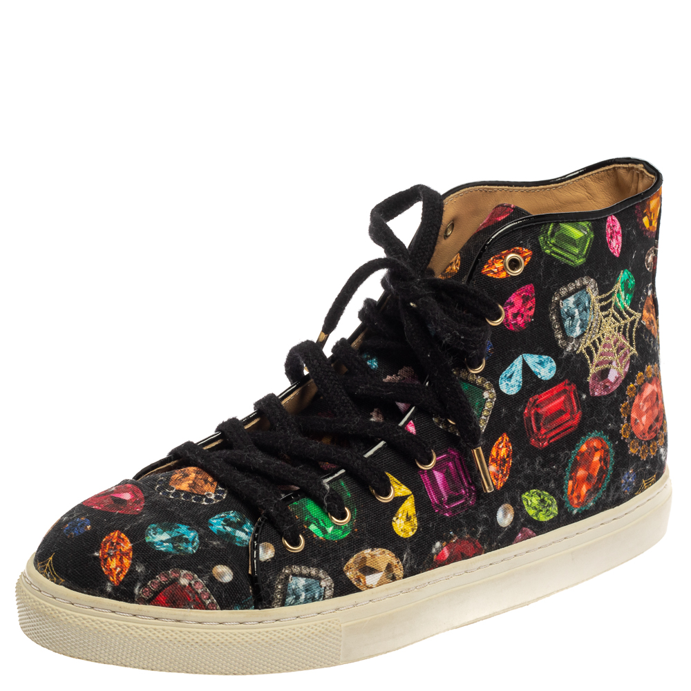 Charlotte Olympia Multicolor Jewel Print Canvas High Top Sneakers Size 36