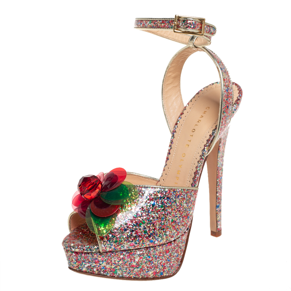 Charlotte Olympia Multicolor Coated Glitter Sabrina Cherry Leaf Platform Ankle Strap Sandals Size 35.5