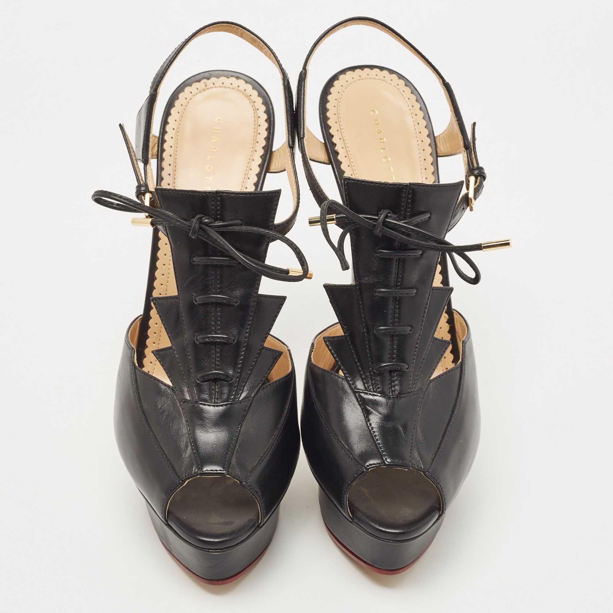 Charlotte Olympia Black Leather Peep Toe Platform Ankle Strap Sandals Size 39