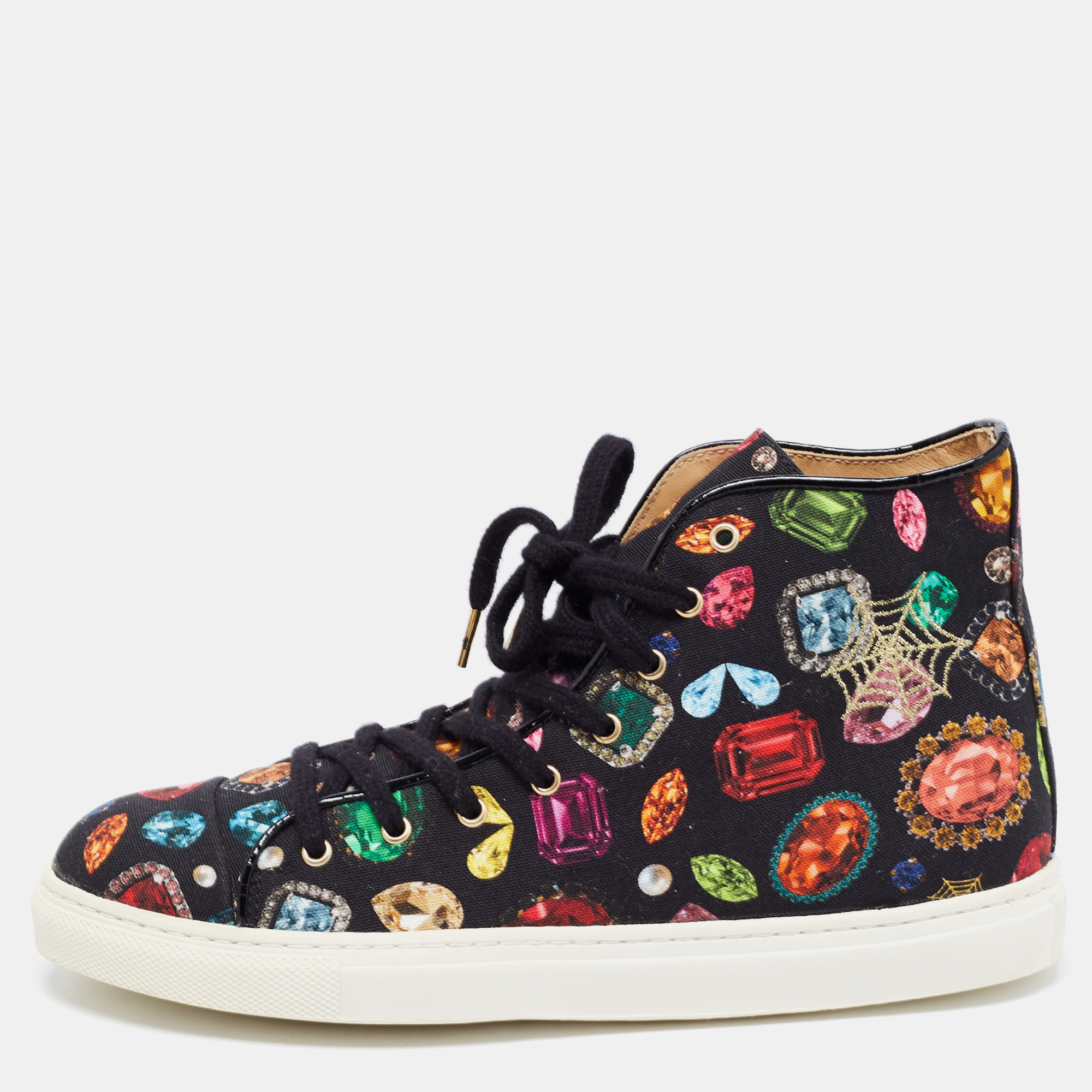 Charlotte Olympia Multicolor Jewel Print Canvas High Top Sneakers Size 36.5